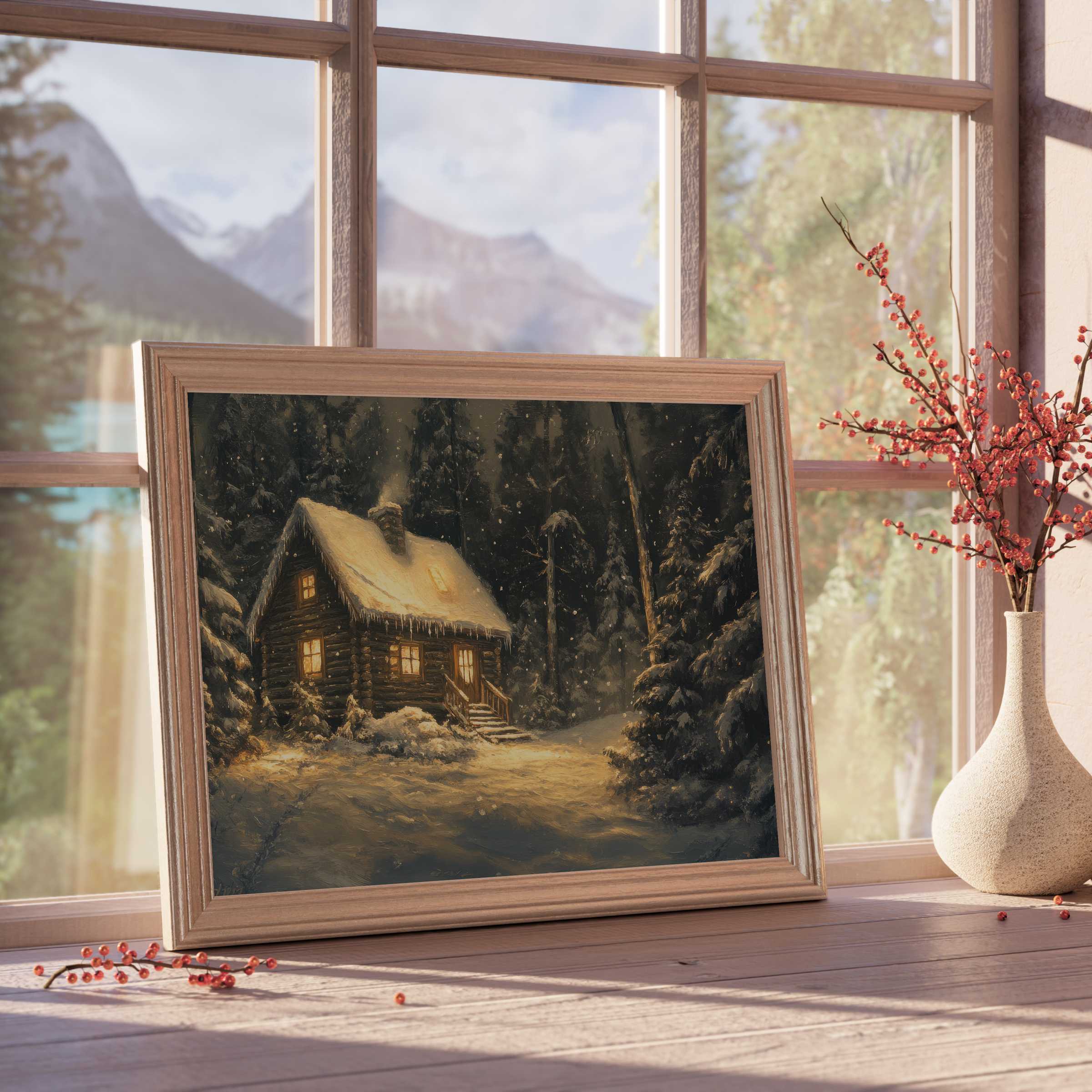 Christmas downloadable art depicting a serene snow-covered cabin aglow with warm light, elevating elegant, tranquil interiors