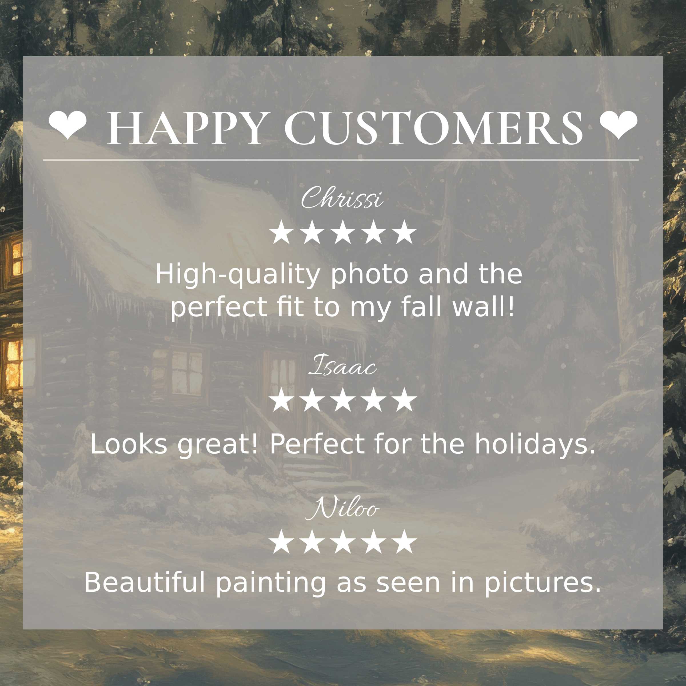 Elegant christmas art for Frame TV with warm cabin scene and happy customer reviews building trust and style appeal