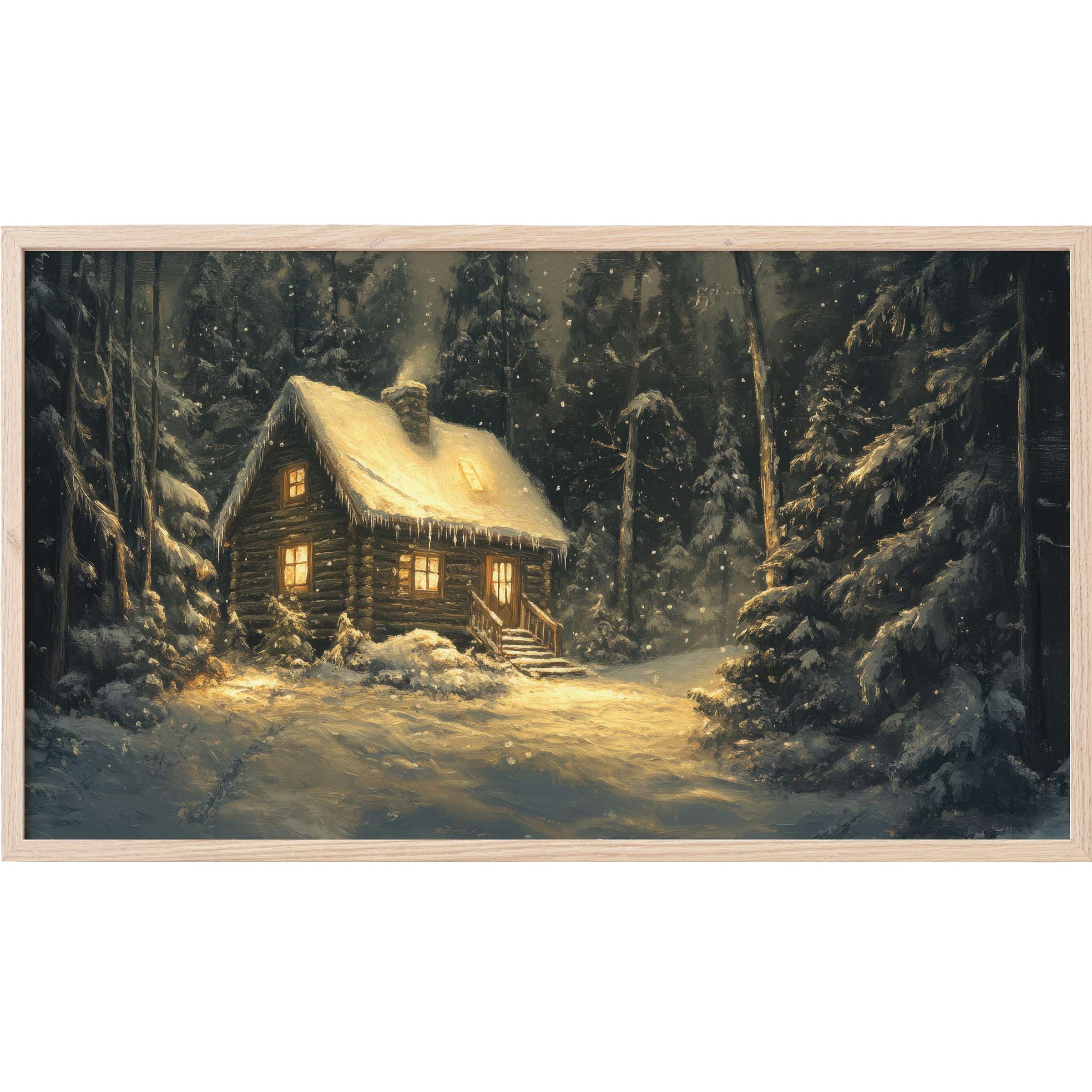 Warmly lit cabin in snow-covered forest at dusk, rich dark tones with glowing amber highlights, christmas Frame TV Art