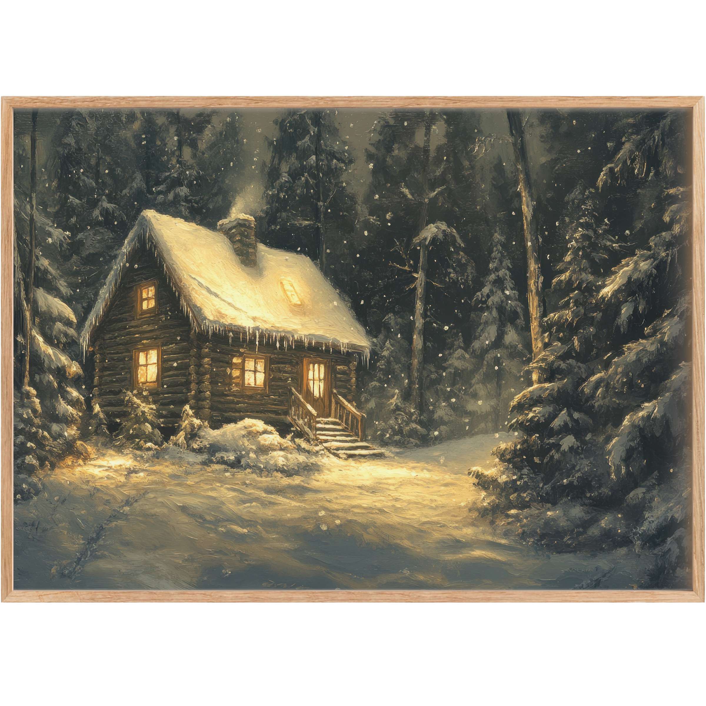 Rustic log cabin aglow with warm golden light amidst a serene snowy night forest-Christmas printable wall art evokes cozy tranquility