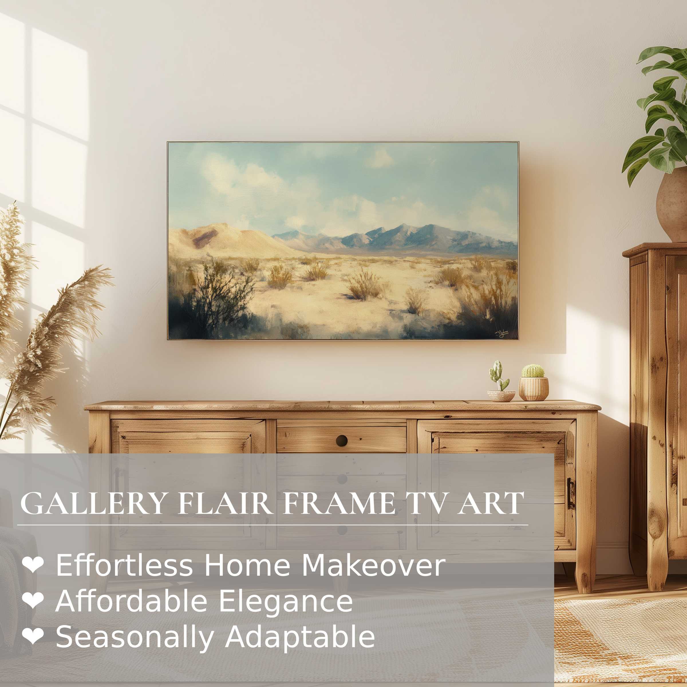 Samsung Frame TV displays serene landscape digital artwork, enhancing elegant, sunlit modern living spaces