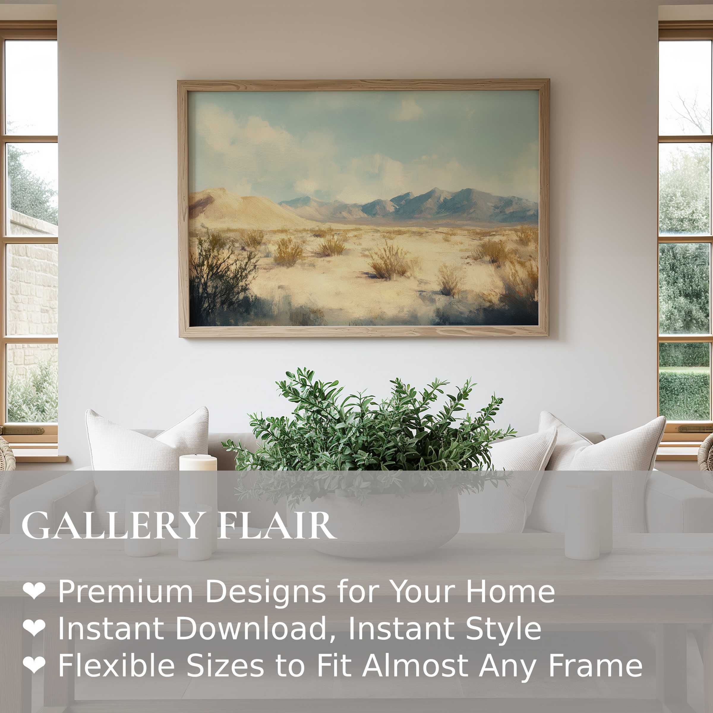 Serene landscape wall art print with soft desert tones and distant mountains, enhancing modern minimalist interiors with calming elegance