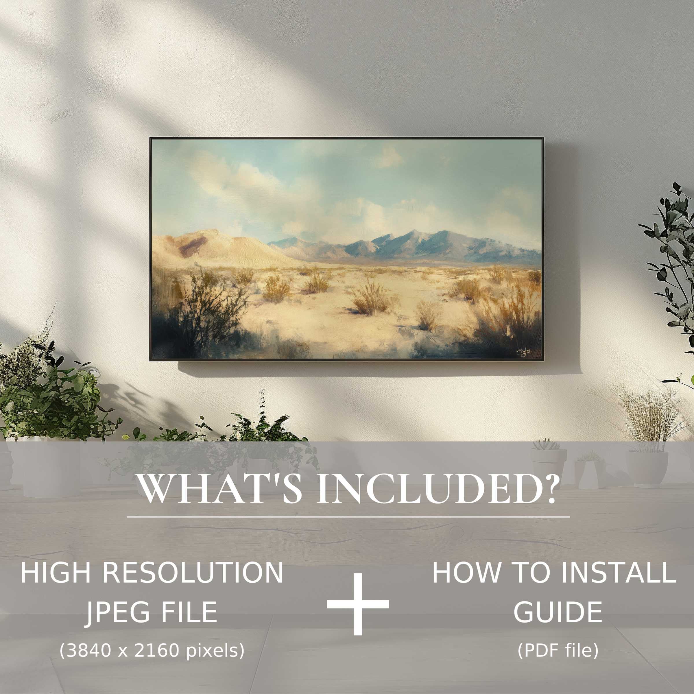 Elegant desert landscape enhances living spaces with easy landscape digital TV art download and simple installation