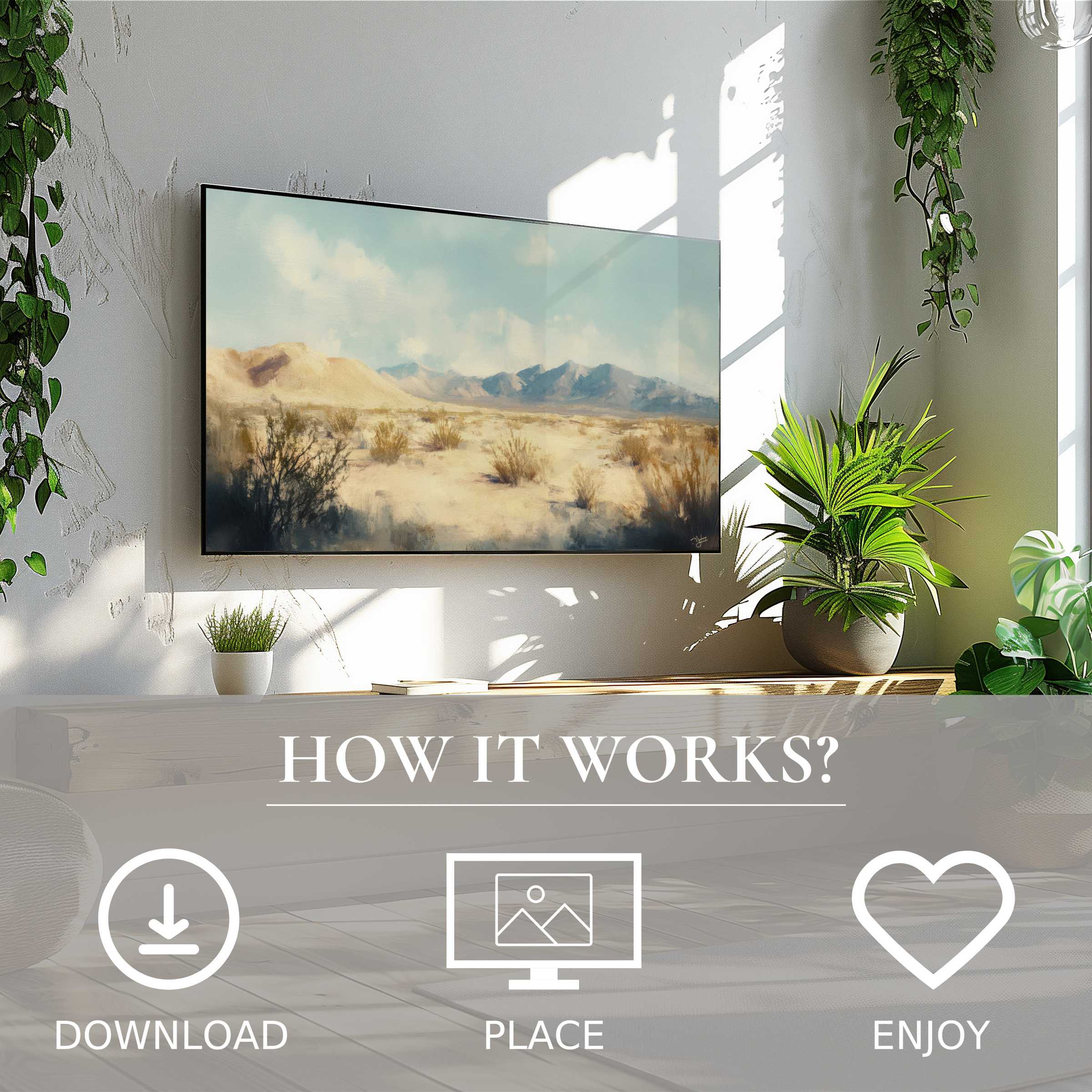 Modern living room with landscape art for Samsung TV; soft desert tones enrich space via easy digital download