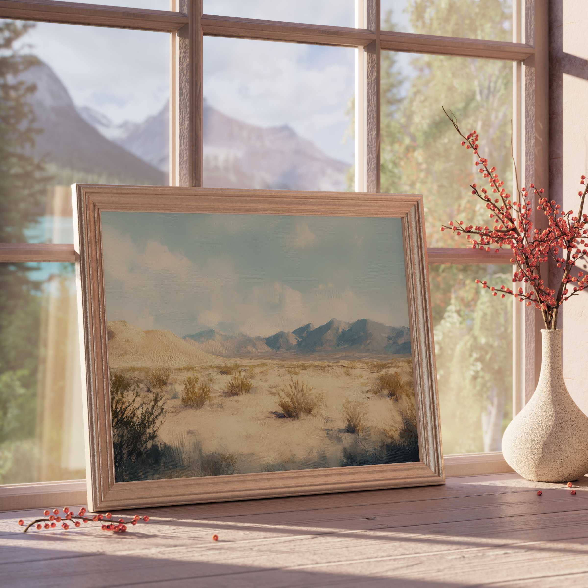 Serene landscape downloadable art evoking calm desert hues and soft light, perfect for elevating tranquil, design-forward interiors