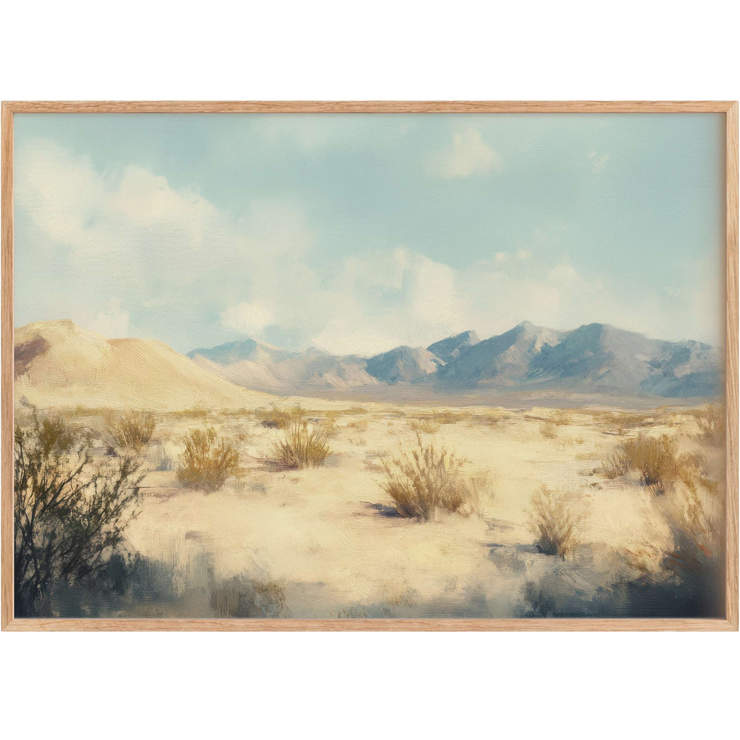 Serene landscape printable wall art capturing soft beige sands and muted blue mountains, evoking calm and airy elegance