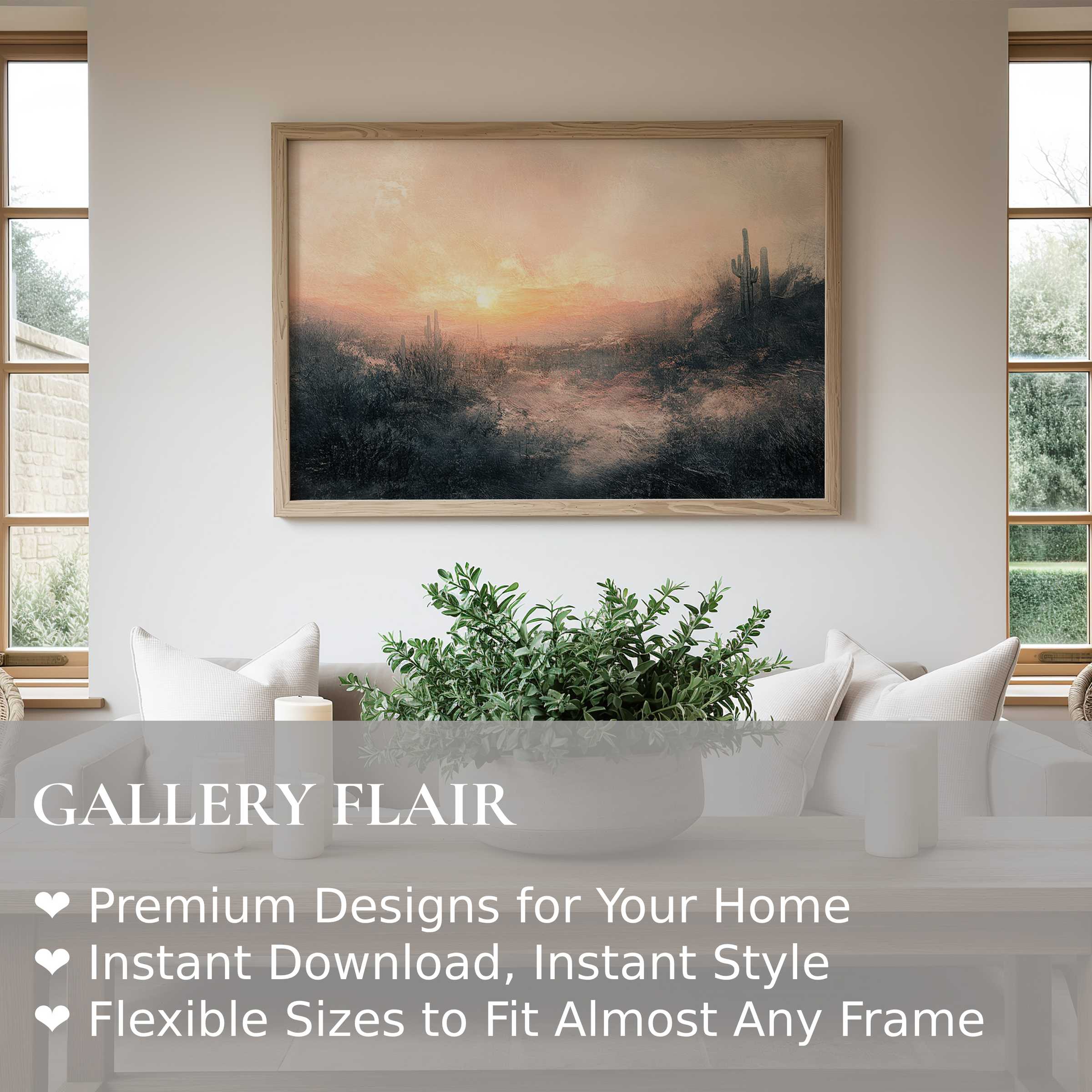 Vintage wall art print of a serene desert sunset, evoking warmth and tranquility in a minimalist, nature-inspired living room