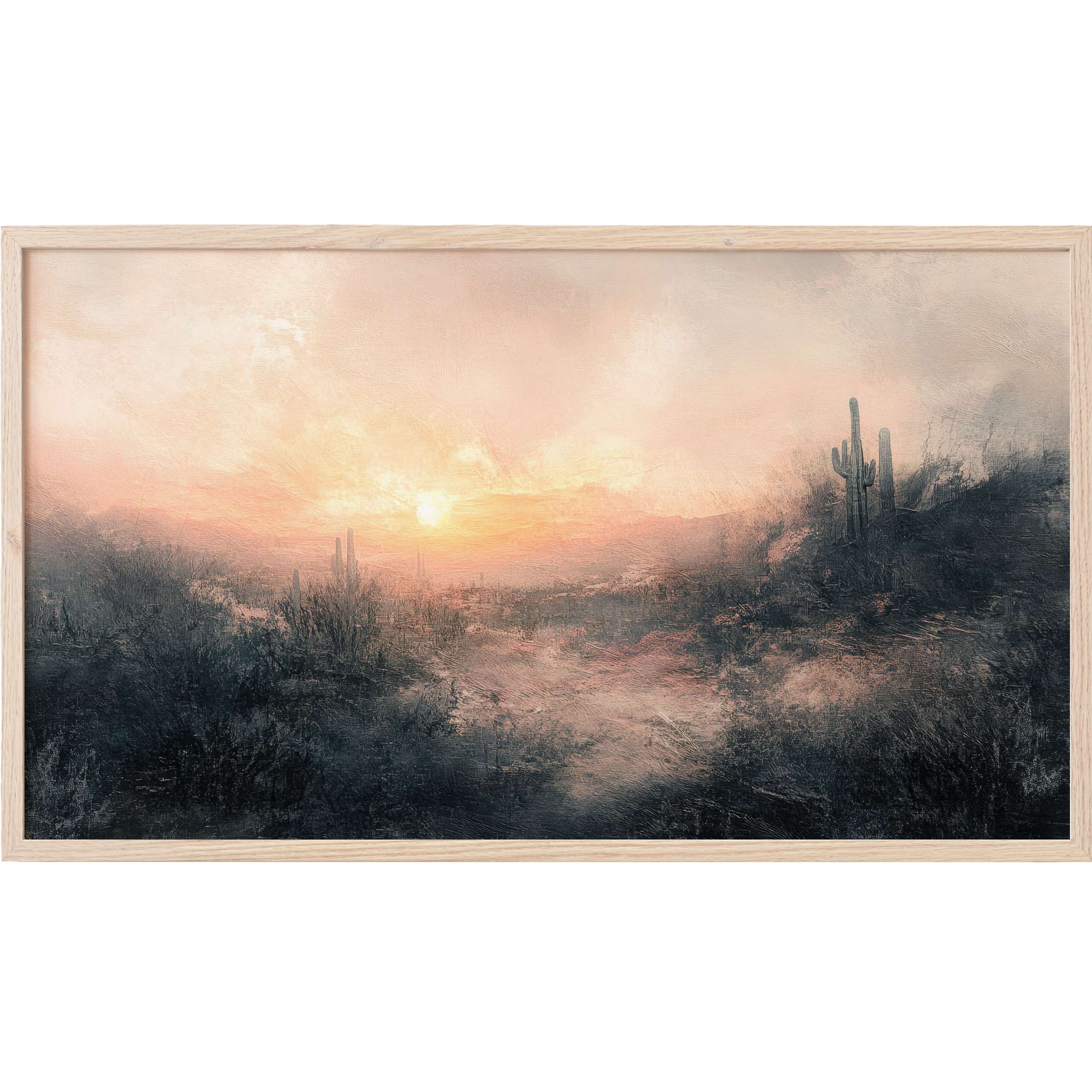 Vintage Frame TV Art showing a misty desert sunset with soft peach and deep charcoal tones in a textured style