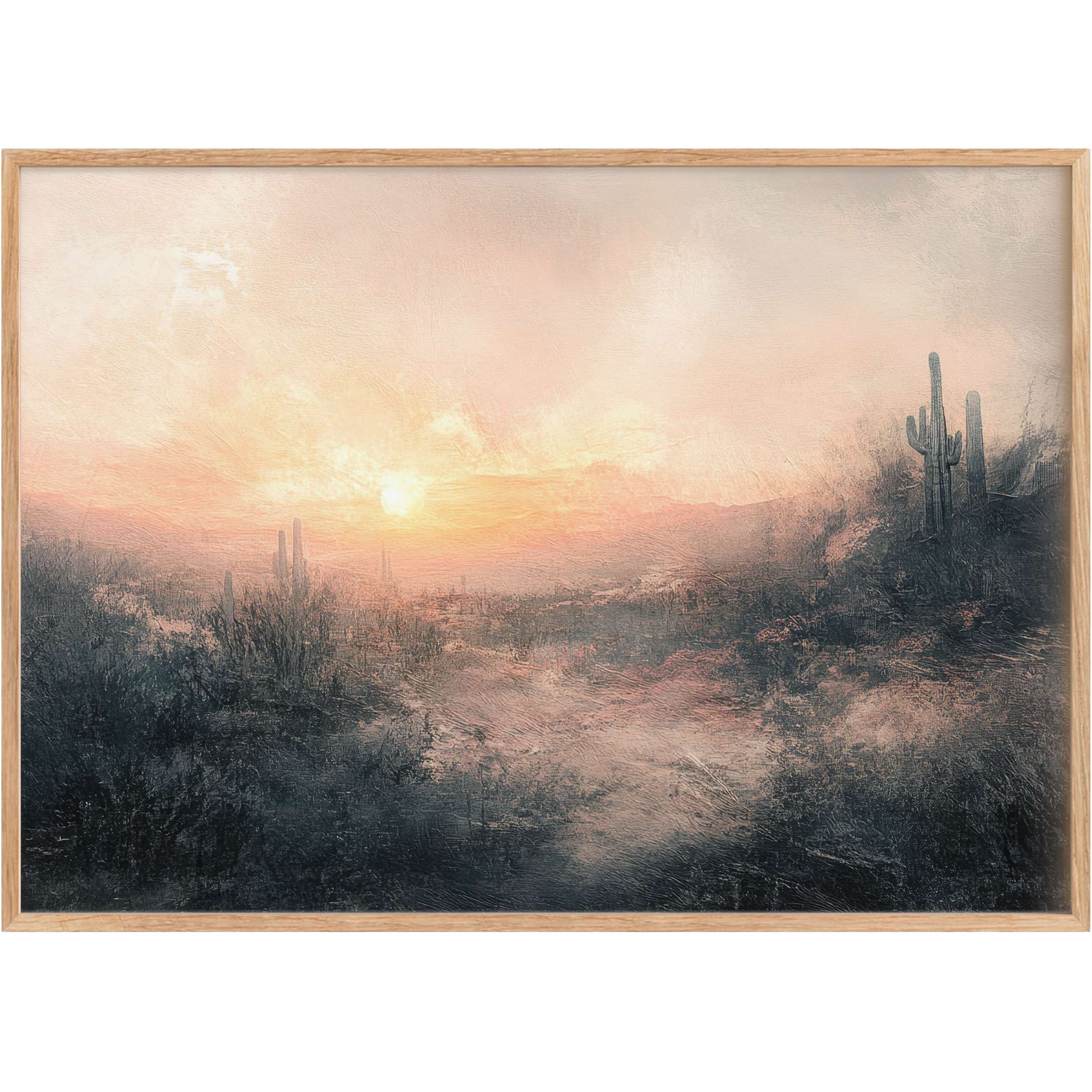 Vintage printable wall art capturing a serene desert sunset in soft peach and deep charcoal, evoking calm warmth and timeless elegance
