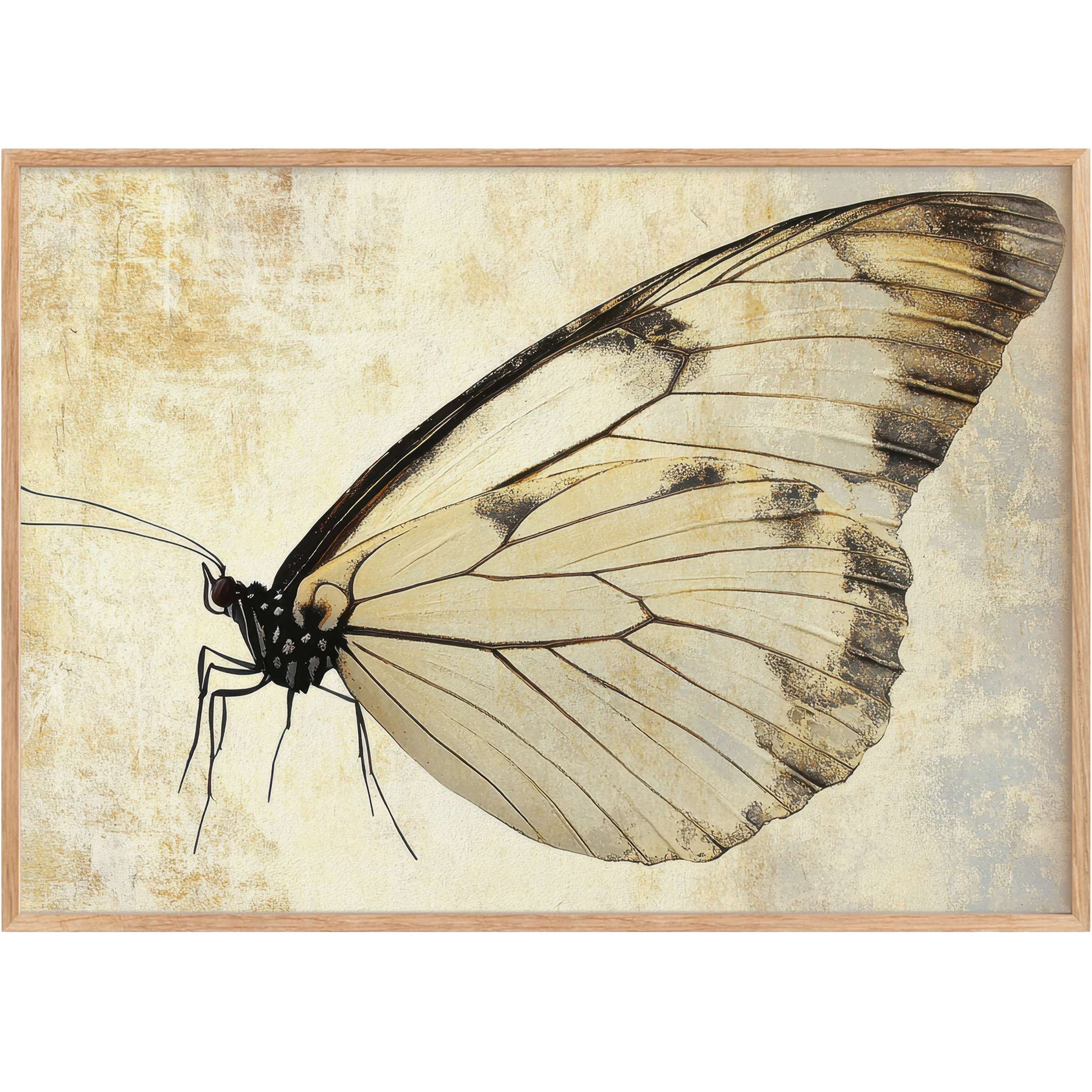 Delicate butterfly wing in muted creams and soft golds, minimalist printable wall art creating a serene, timeless elegance