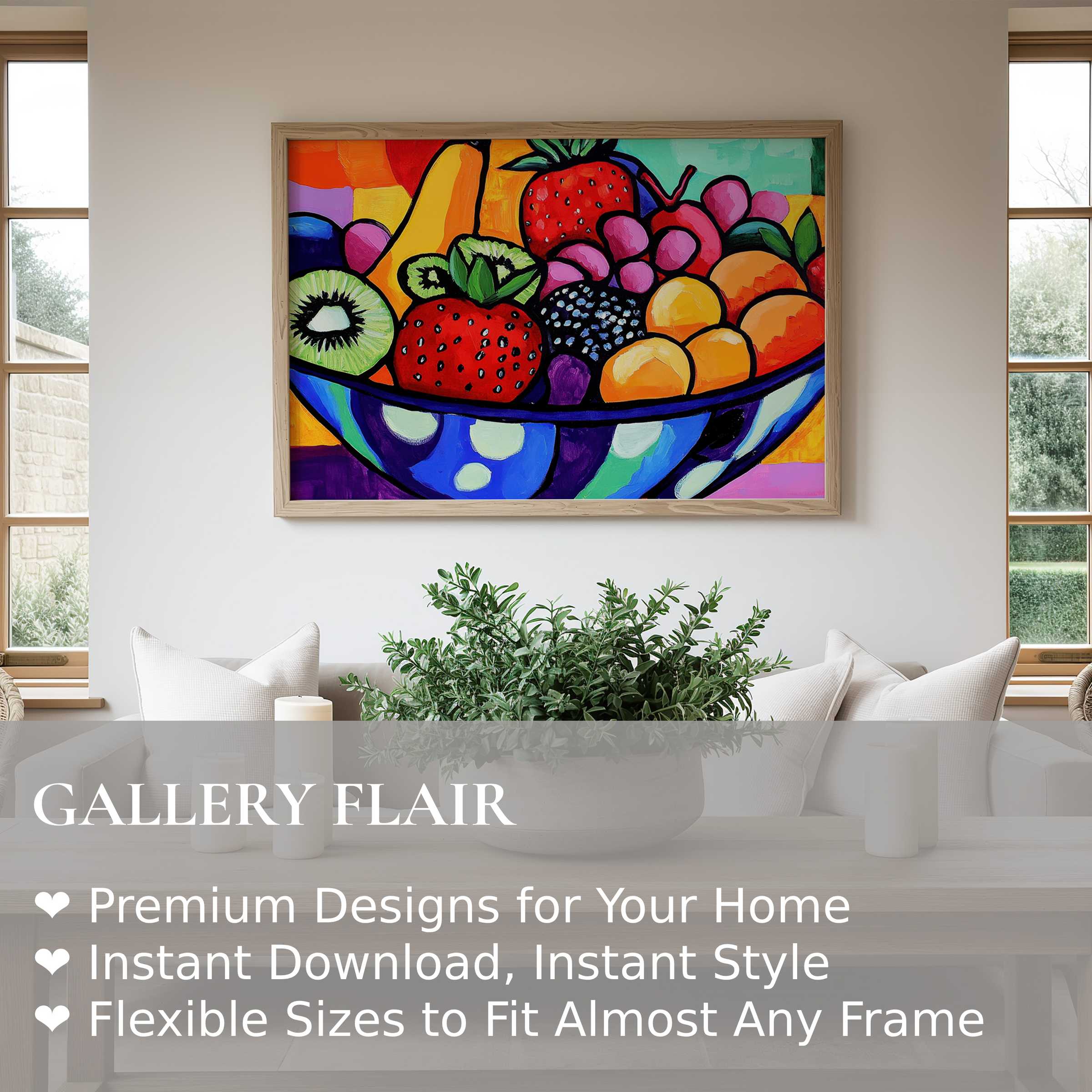 Bold and vibrant pop art wall art print featuring colorful fruit in a modern minimalist living room, energizing the space with joyful flair