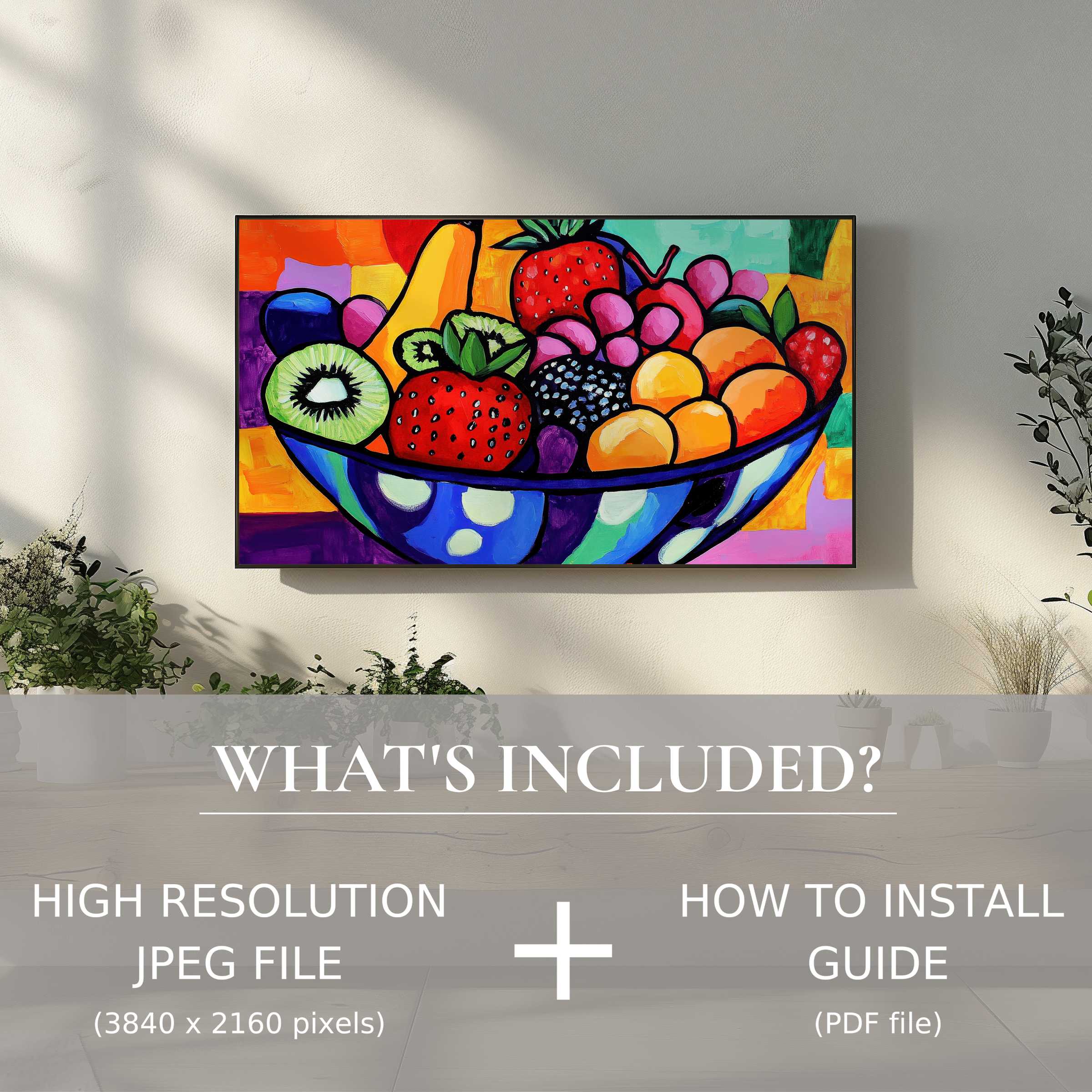 Elegant living room with vibrant pop art digital TV art download, easy digital use enhances modern decor