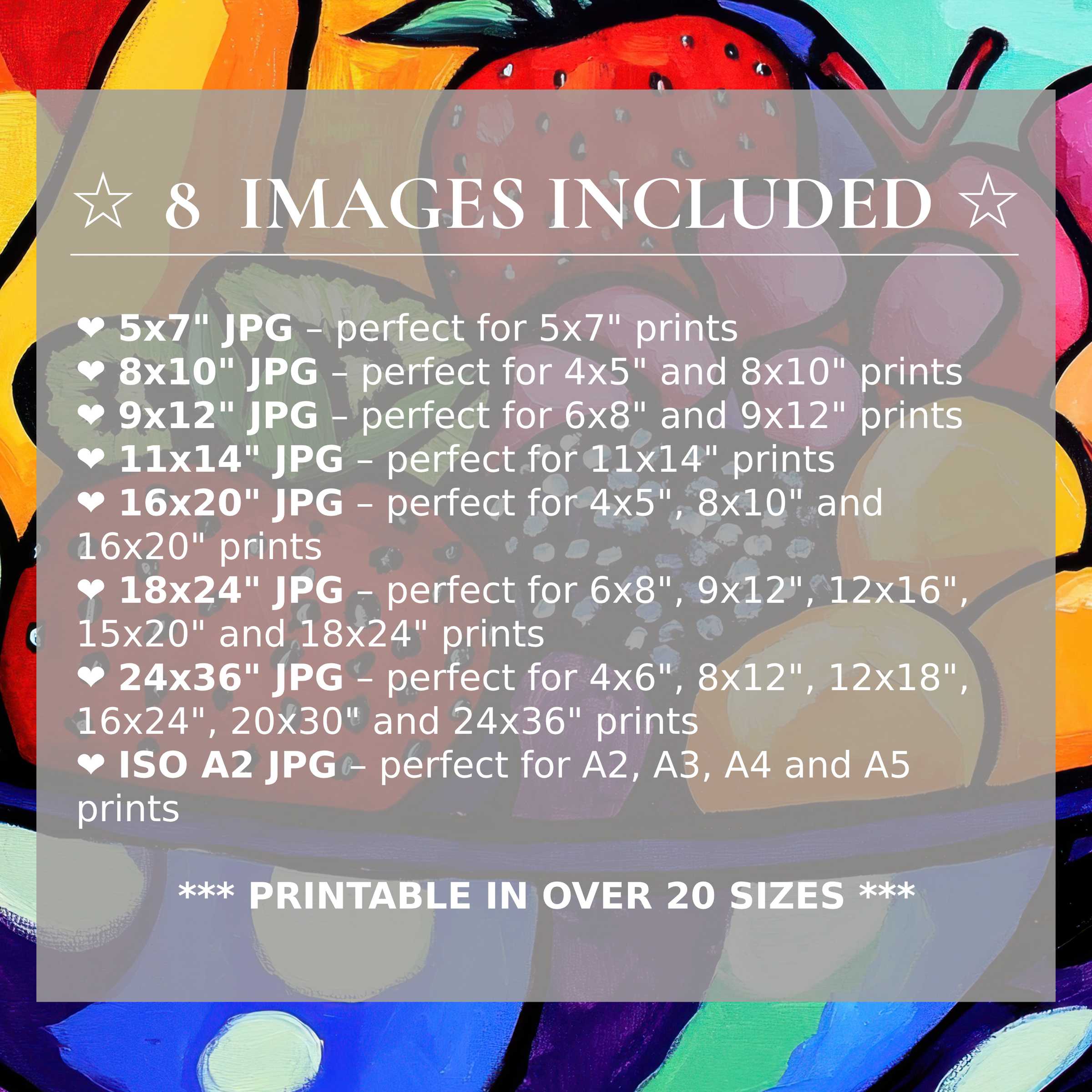 Radiant pop art digital print in bold reds, oranges, and blues, boosting modern interiors with timeless style; includes 8 high-quality sizes