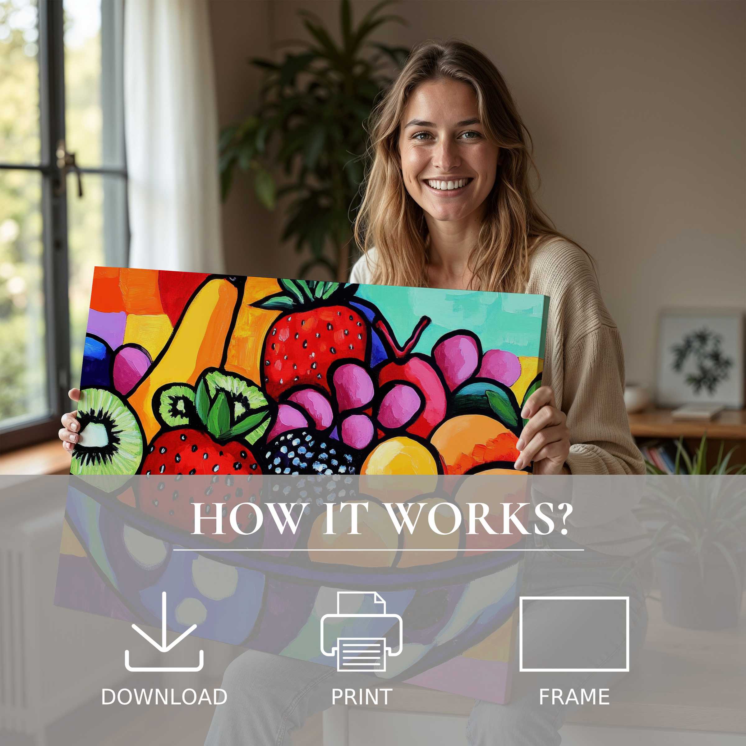 Bright pop art digital art print radiates joy and connection in a serene, stylish home, celebrating effortless elegance with art
