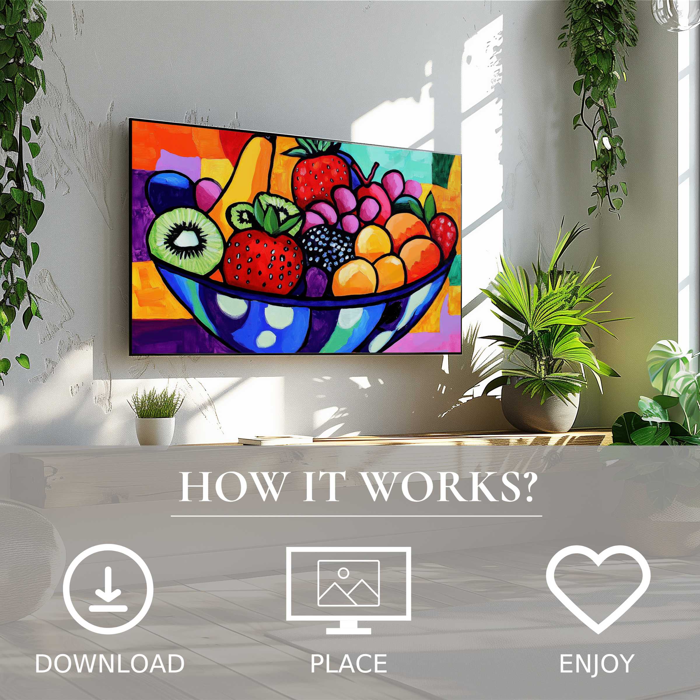 Pop art art for Samsung TV with vibrant fruit bowl motif, easy digital download enriches your modern living space