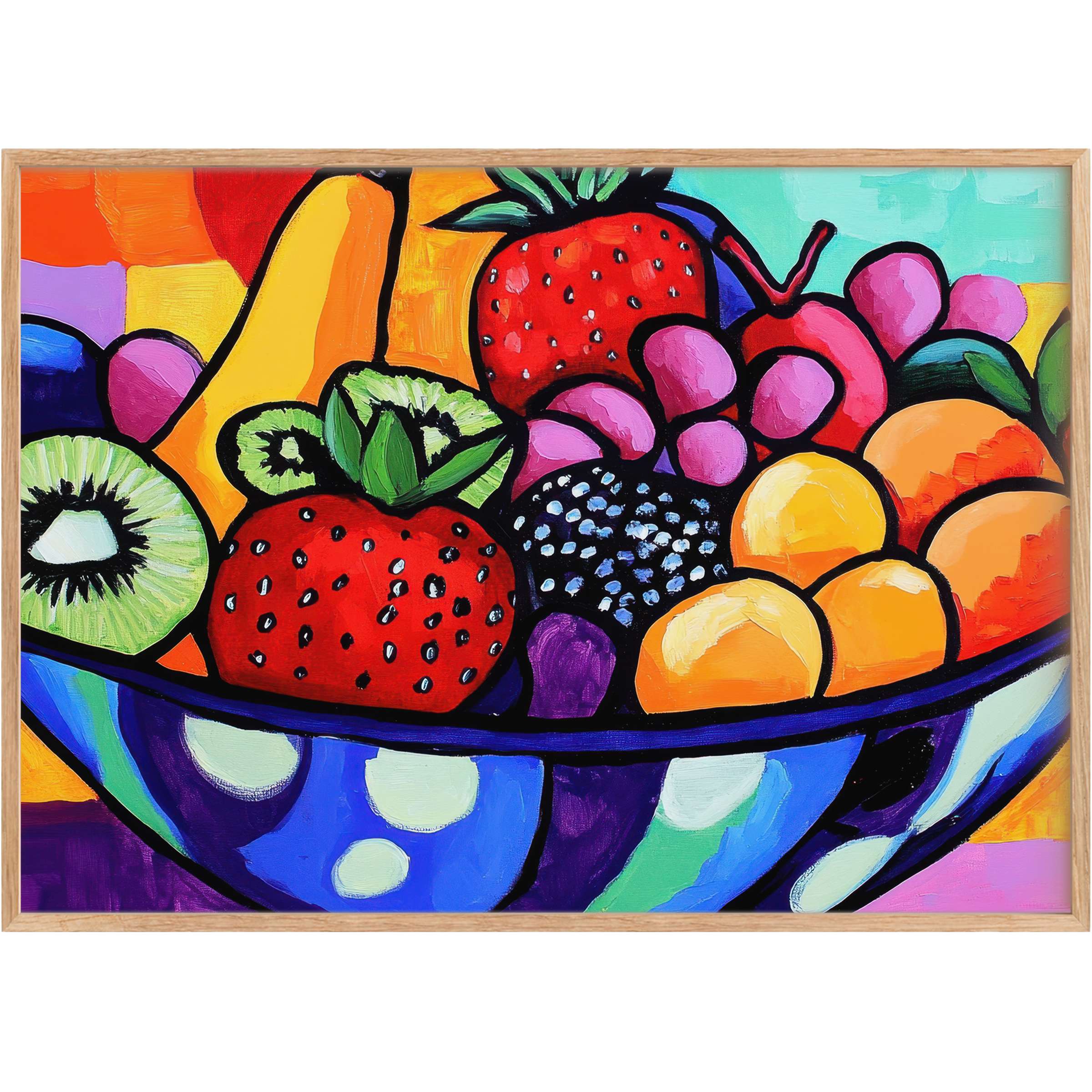 Vibrant pop art printable wall art featuring luscious strawberries, kiwi, and citrus in bold reds, greens, and blues, radiating joyful energy