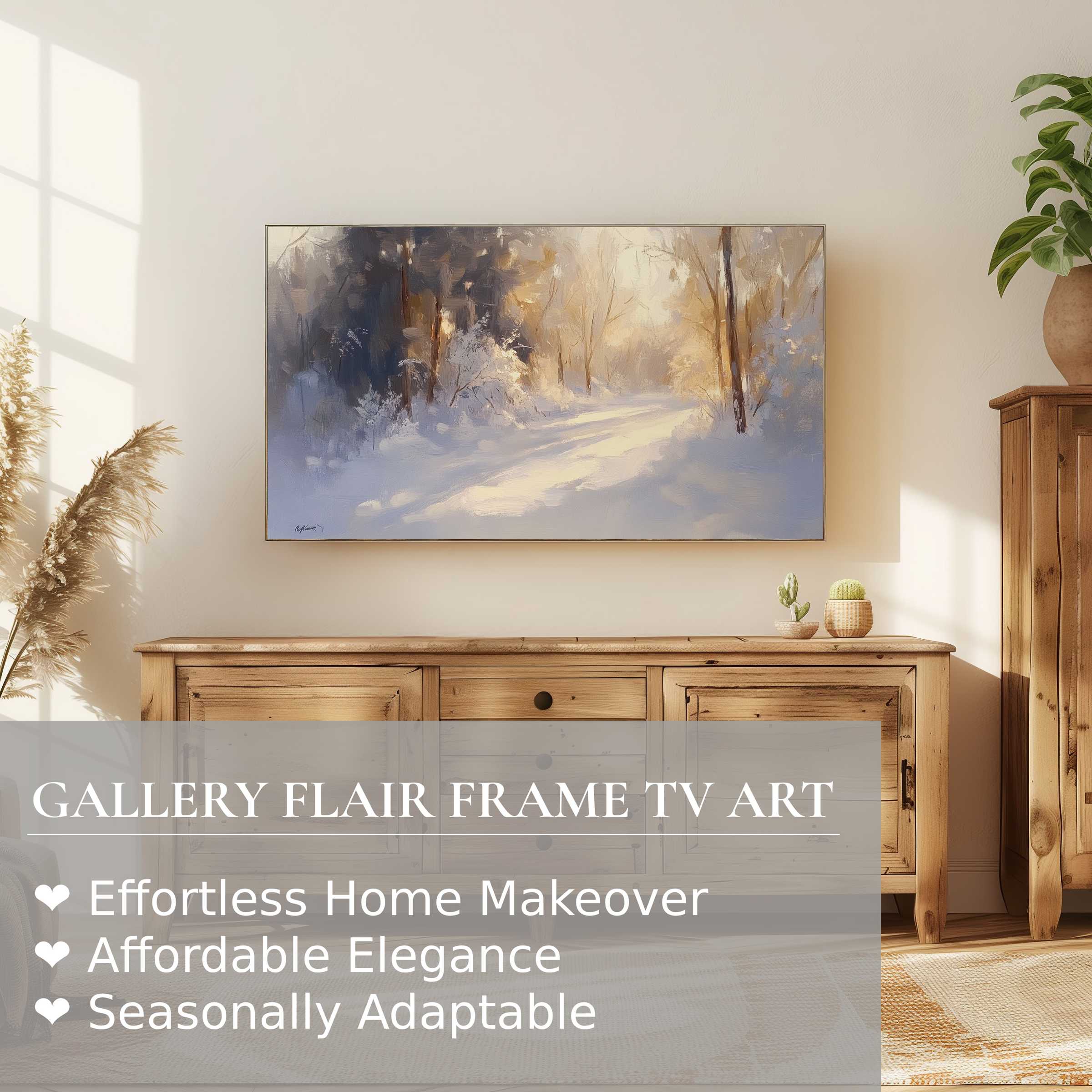 Samsung Frame TV showcasing a serene, impressionistic winter digital artwork in a warm, modern living space