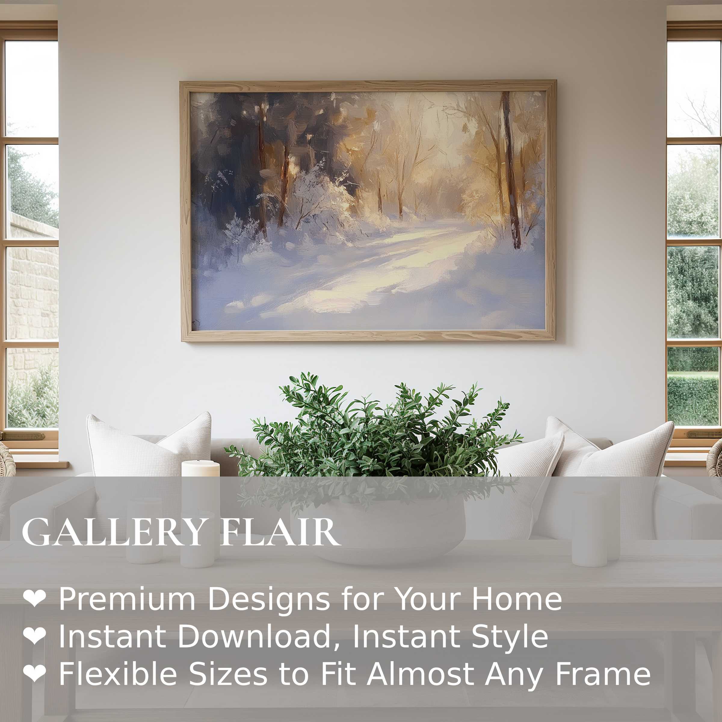 Radiant winter wall art print capturing a serene snow-covered forest path, enhancing modern minimalist interiors with calming elegance