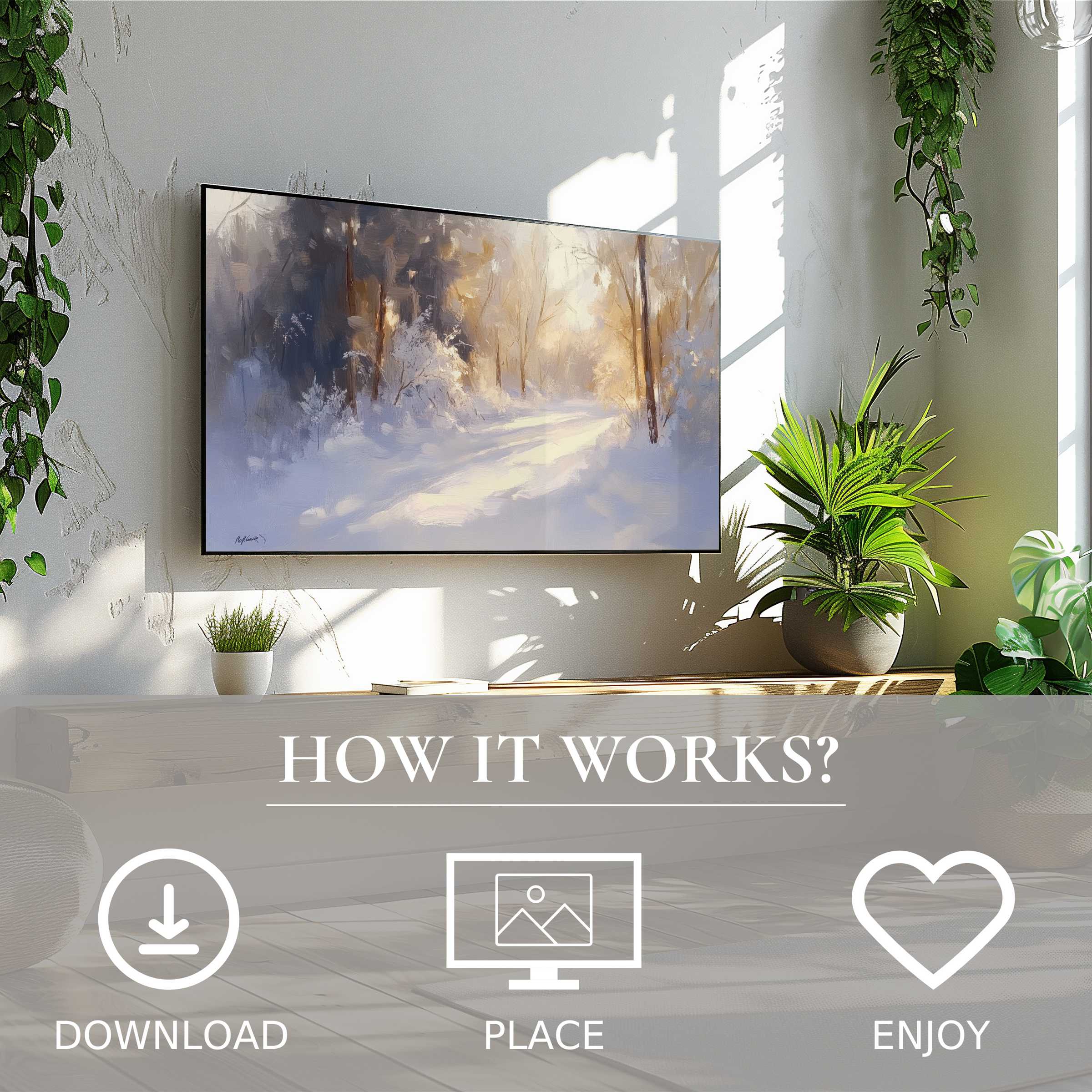 Winter art for Samsung TV with soft sunset tones, easy digital download, enriching modern living spaces with warmth