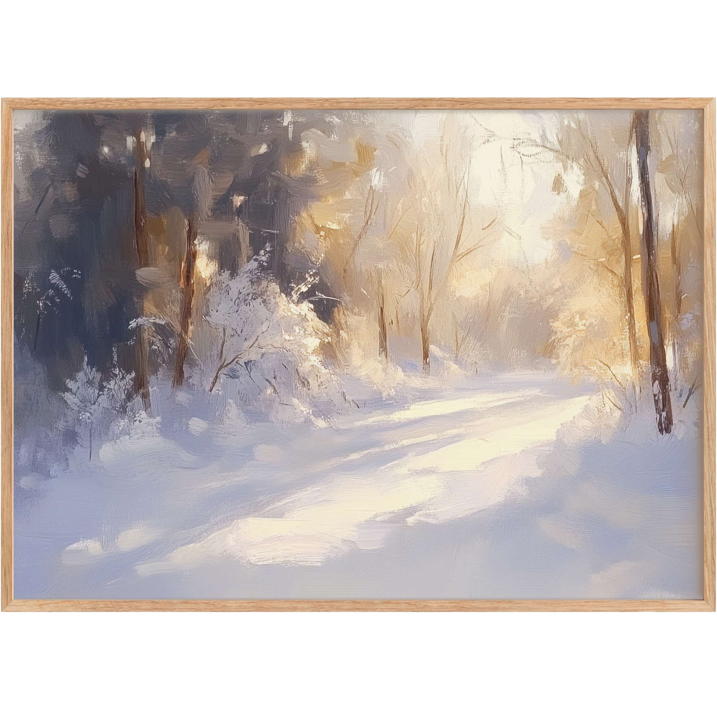 Ethereal winter printable wall art bathed in soft gold and cool blue, evoking serene, luminous tranquility for elegant spaces