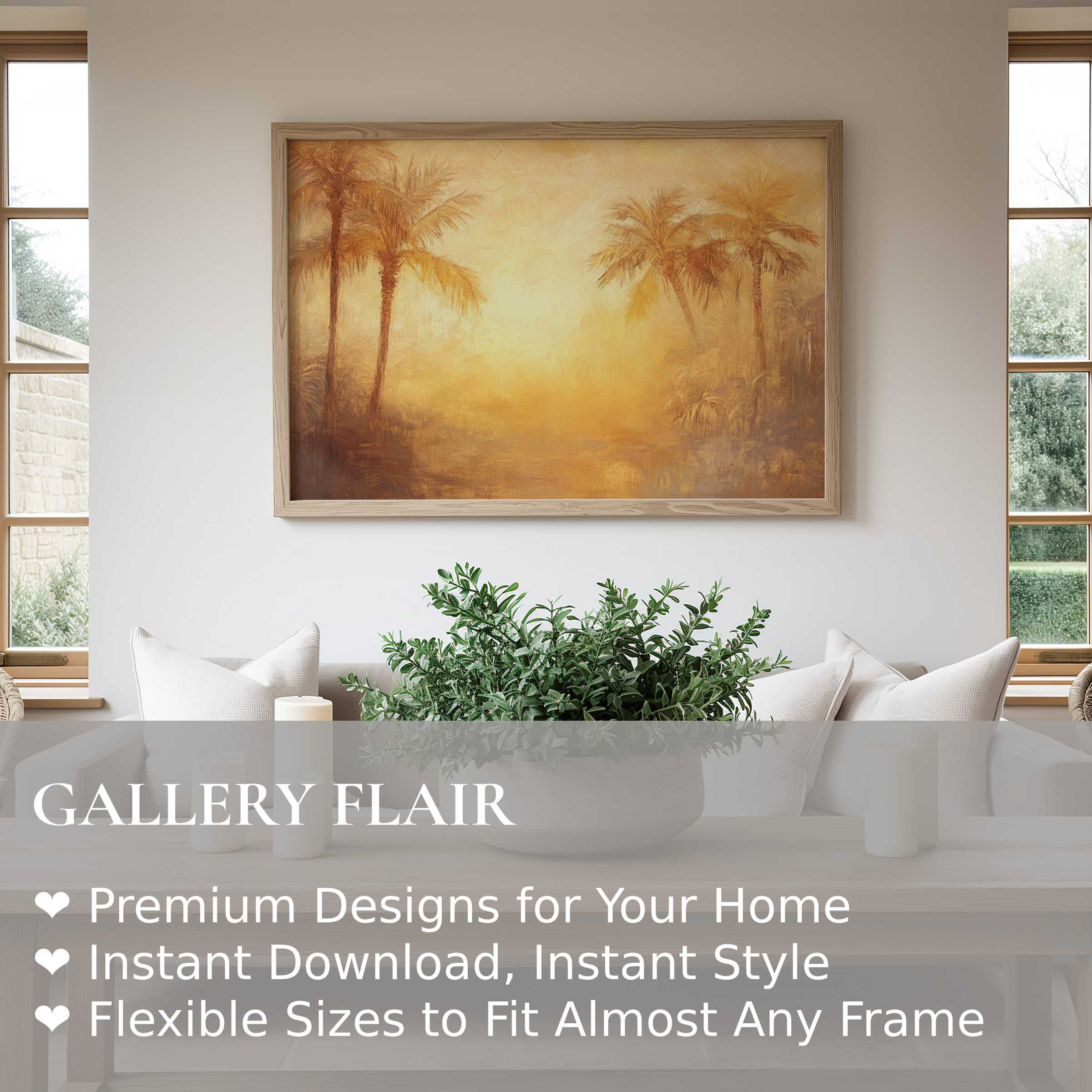 Radiant summer wall art print with warm golden hues and palm silhouettes, enhancing serene modern coastal interiors with timeless elegance