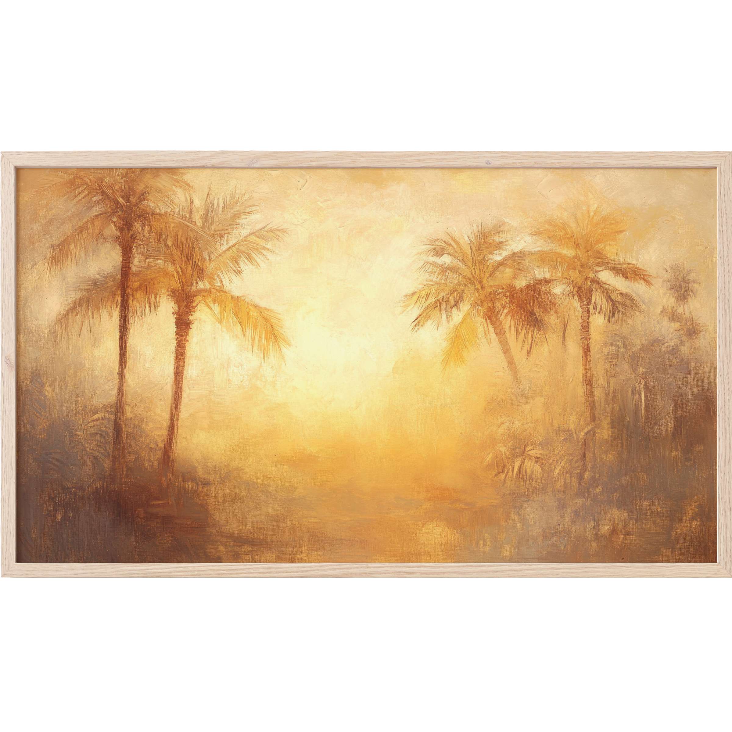 Warm golden hues blend with soft browns in this misty tropical palm scene, perfect summer Frame TV Art