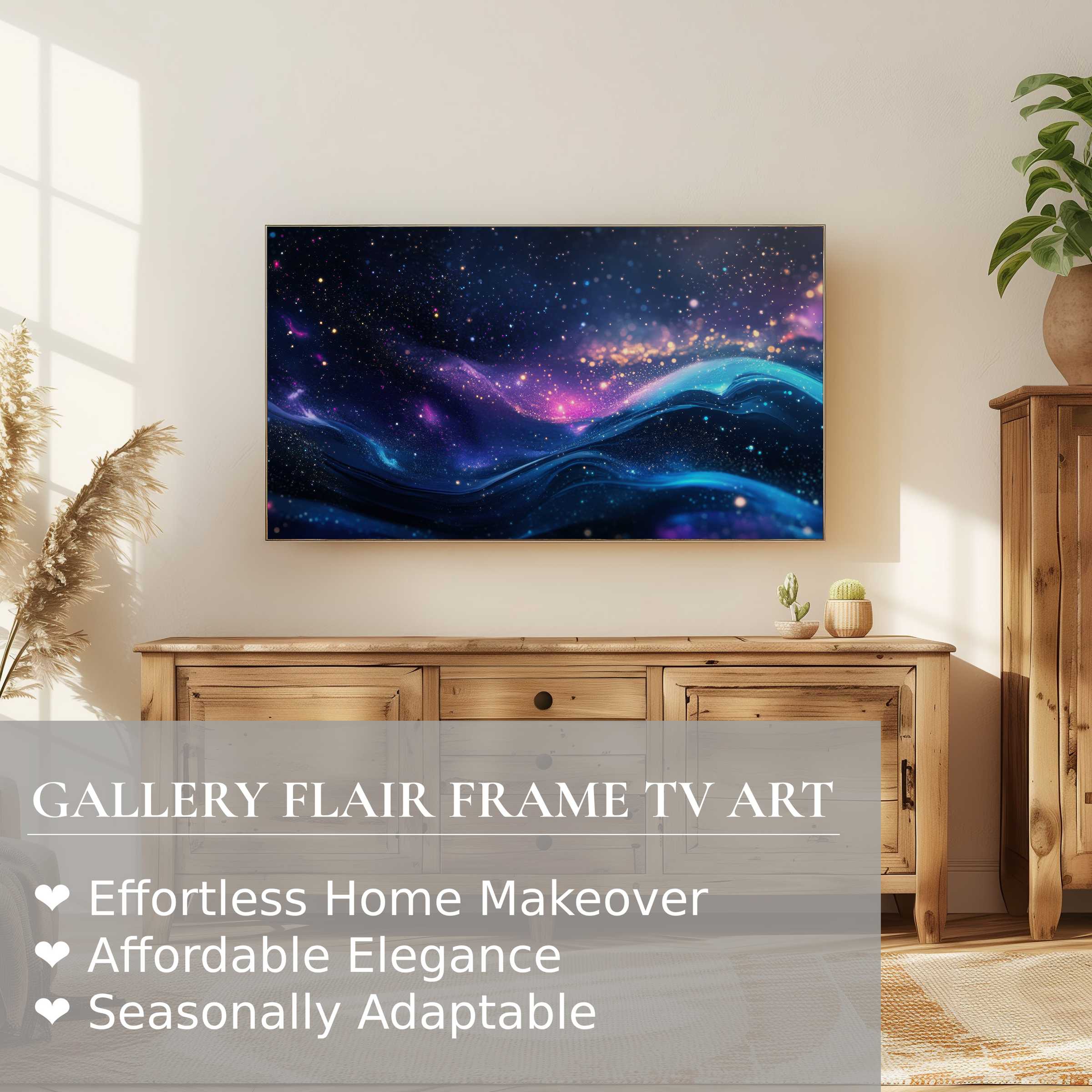 Samsung Frame TV showcasing modern digital artwork of cosmic waves in a warm, stylish living room setting