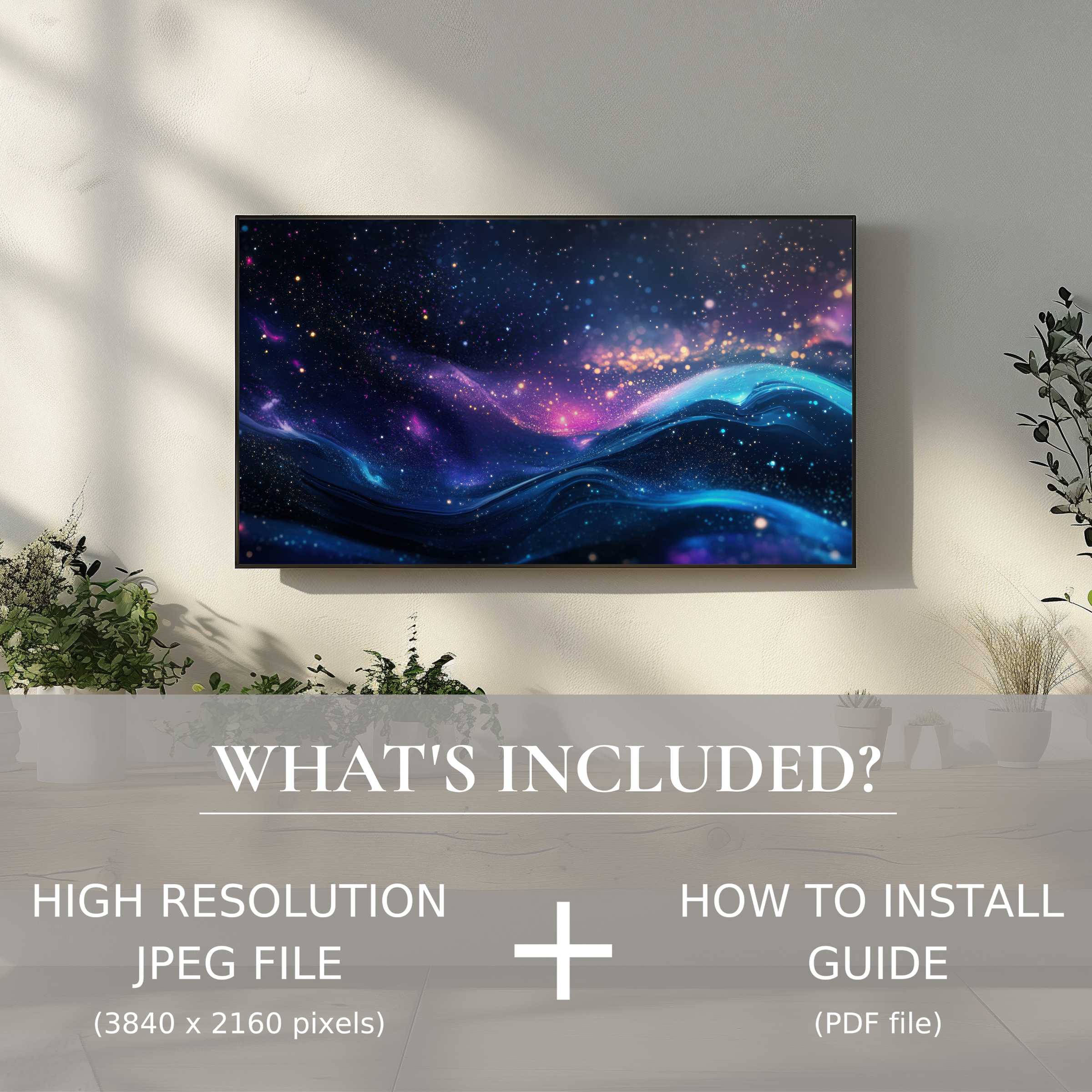 Elegant living space enhanced by modern digital TV art download, easy to use with high-res and install guide