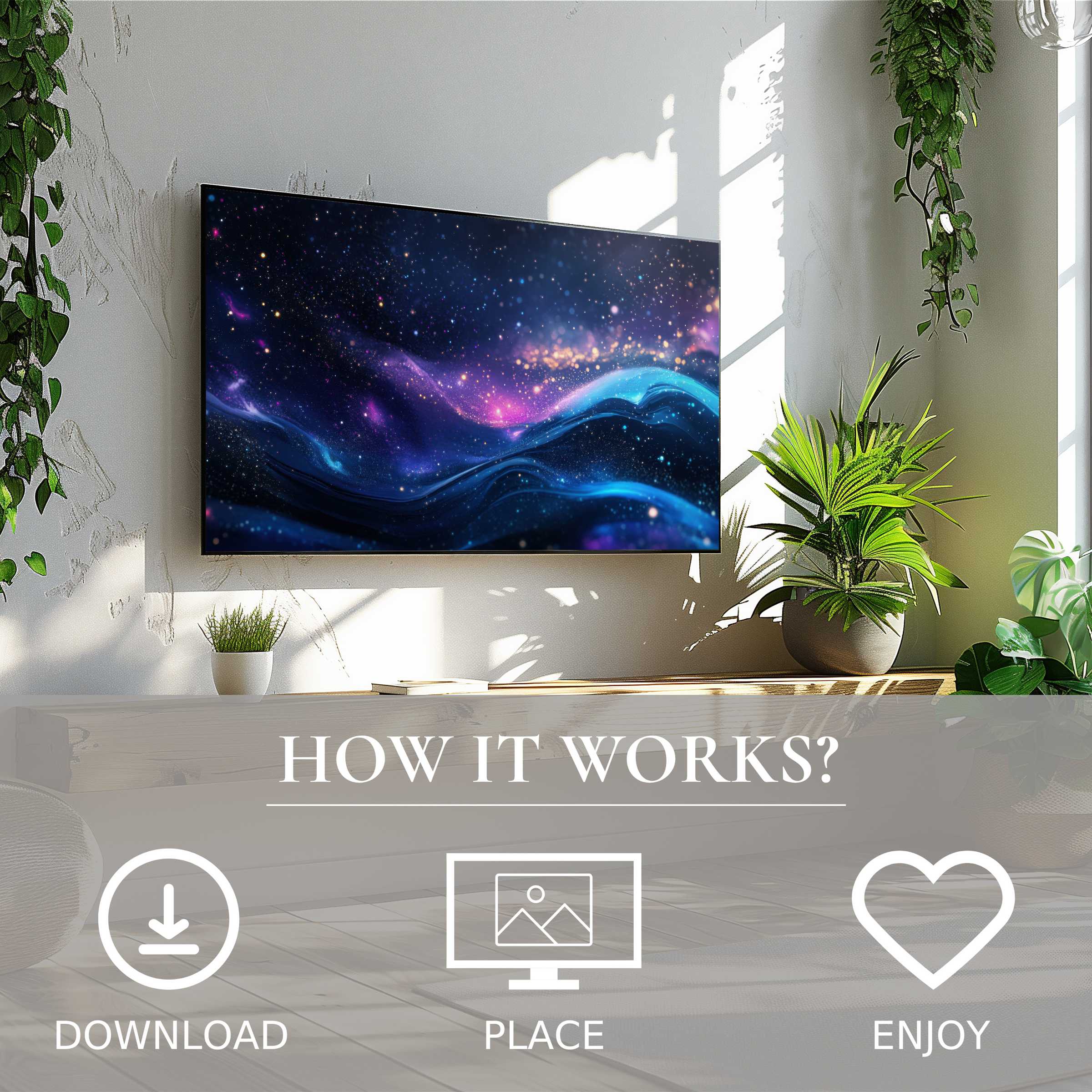 Modern art for Samsung TV showing cosmic color flow, easy digital download enhances your stylish living space instantly