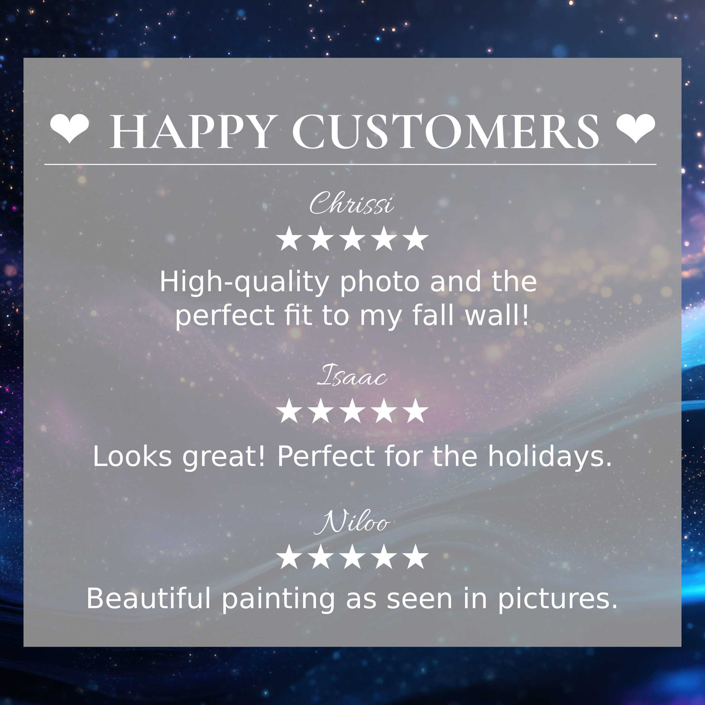 Modern art for Frame TV with abstract cosmic hues, highlighting happy customer reviews and refined product trust