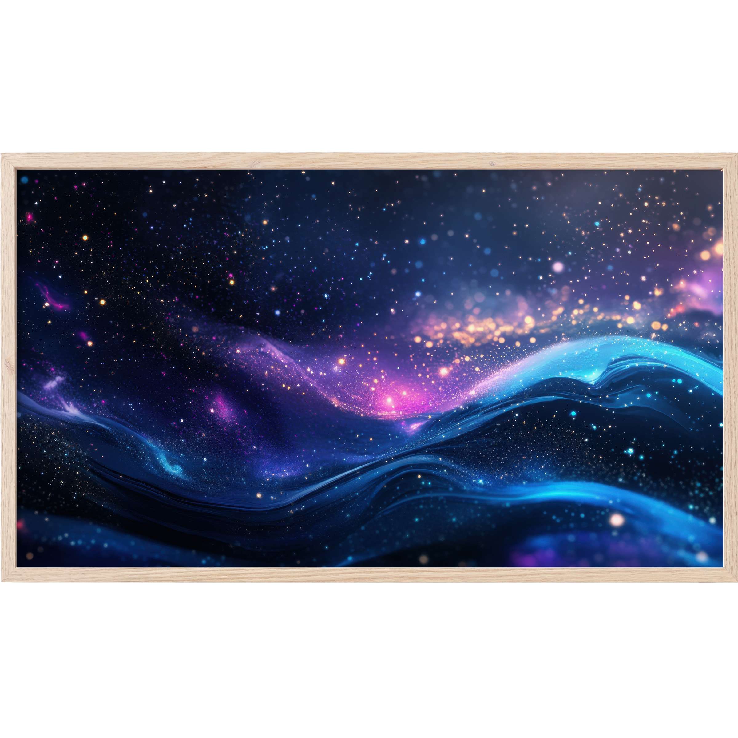 Modern Frame TV Art depicting a cosmic wave in deep blues, purples, and glowing golds with a sleek wooden frame