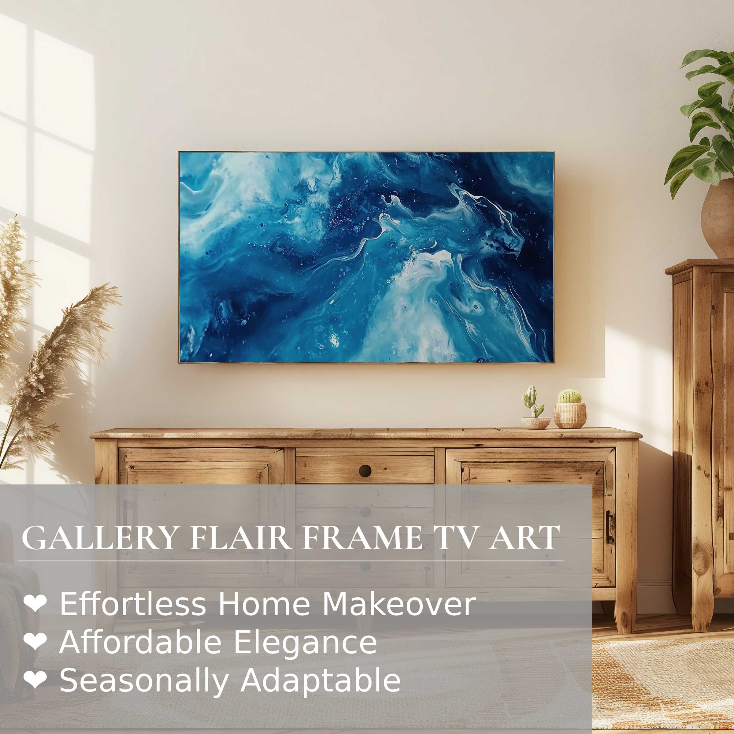 Samsung Frame TV showcases elegant blue and white abstract digital artwork in a serene, modern living room setting