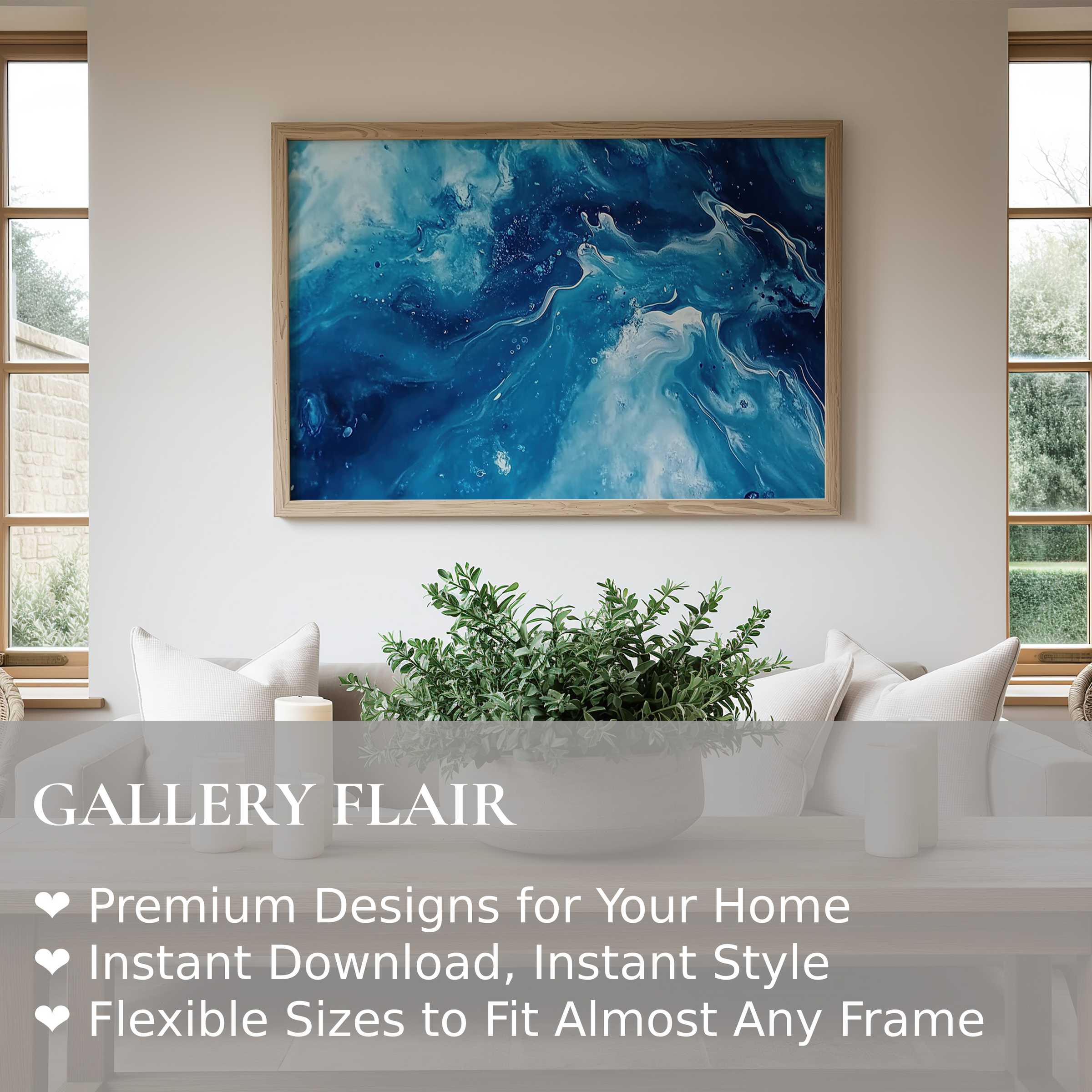 Abstract wall art print in deep ocean blues, evoking calm and depth in a serene modern living room with natural wood accents