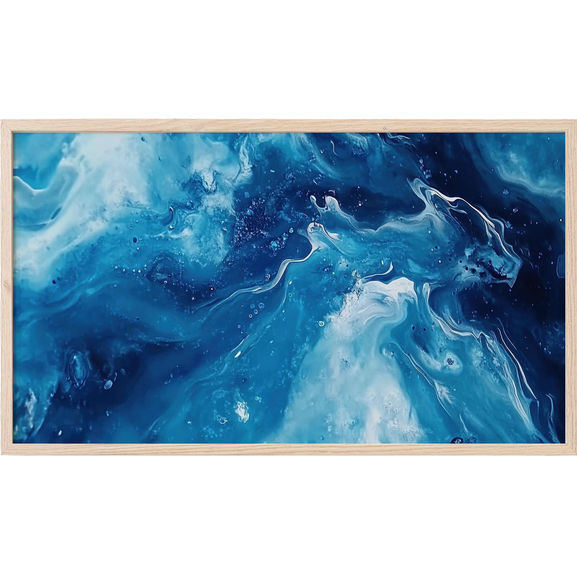 Abstract Frame TV Art with swirling deep blues, icy whites, and fluid textures in a sleek natural wood frame