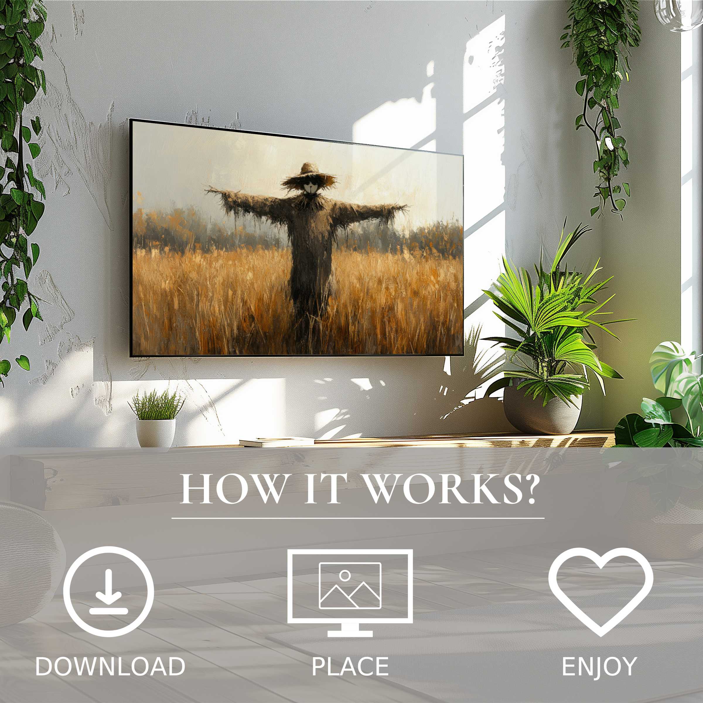 Fall art for Samsung TV shows warm muted tones of a scarecrow in field; easy digital download enhances modern living spaces