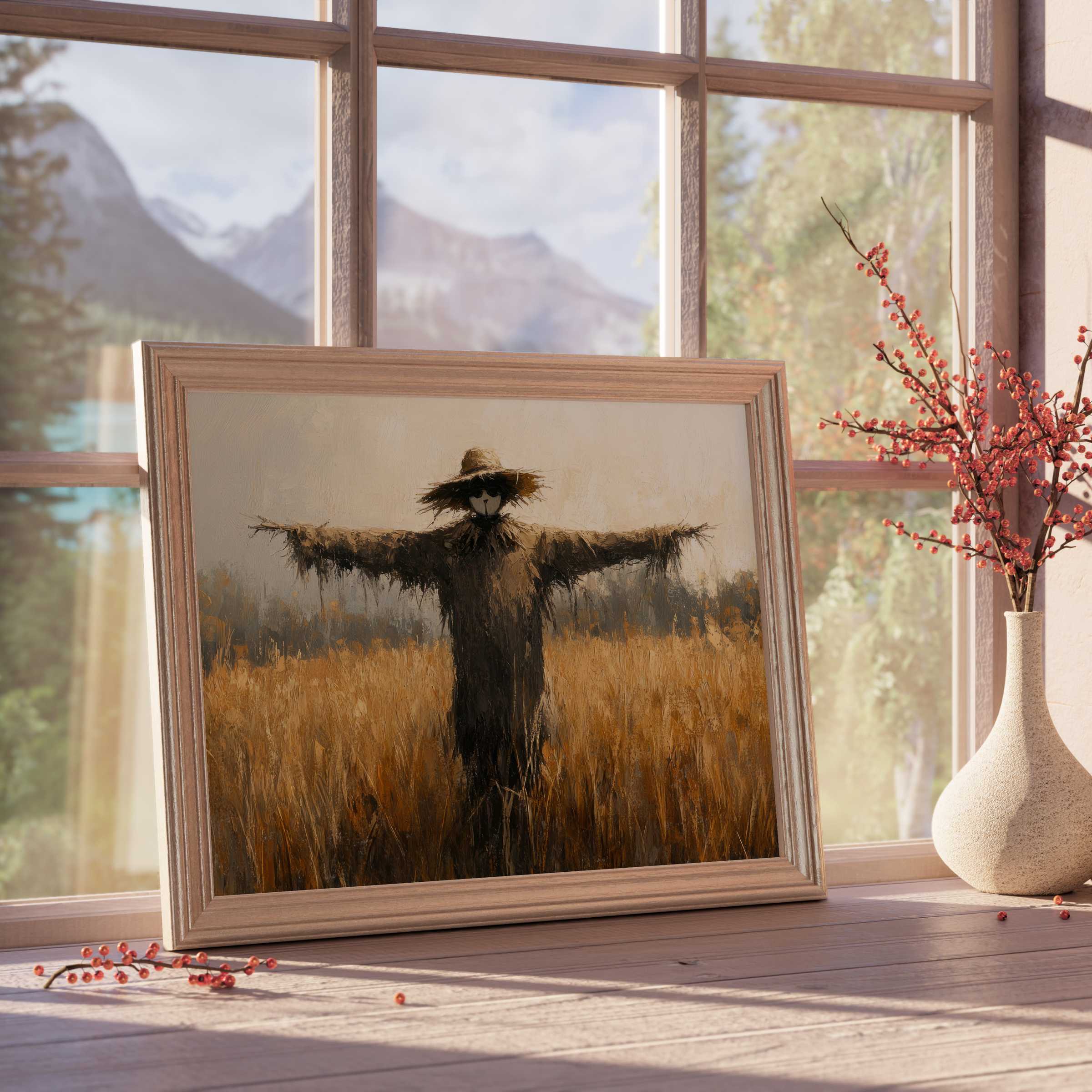 Fall downloadable art featuring a rustic scarecrow amid golden wheat, enriching serene, curated spaces with warm, nature-inspired charm