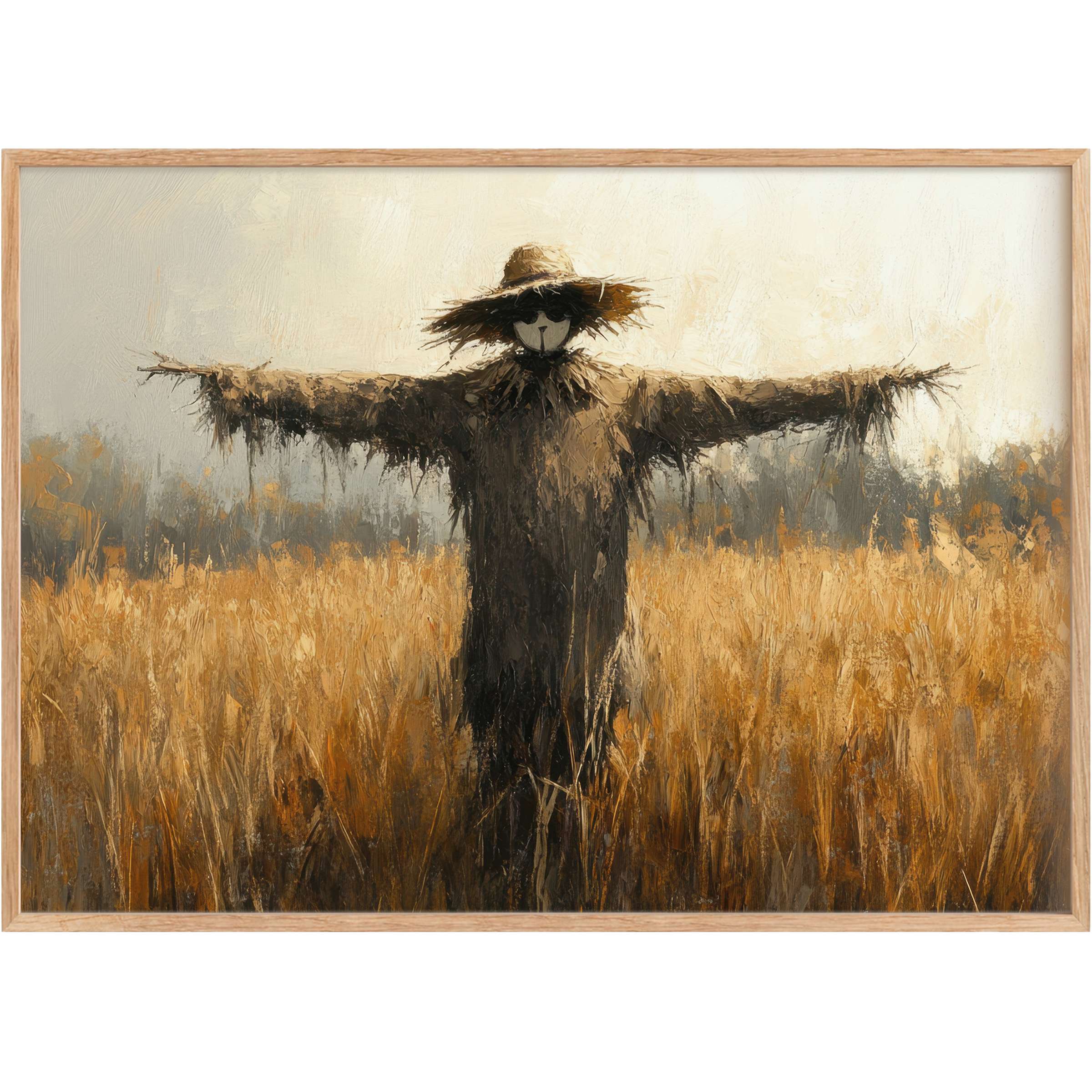 Rustic fall printable wall art capturing a solitary scarecrow in golden fields, evoking a warm, nostalgic autumn ambiance