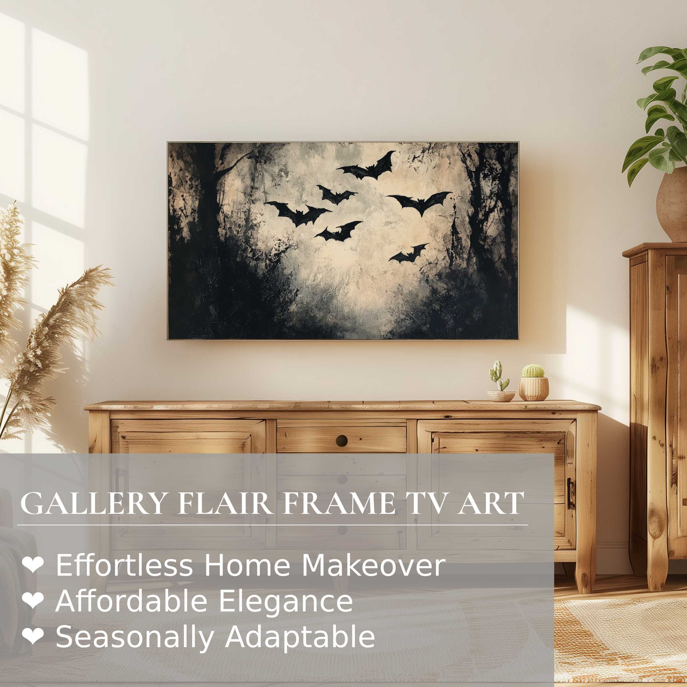 Samsung Frame TV displaying elegant, moody halloween digital artwork with bats in a modern natural wood setting