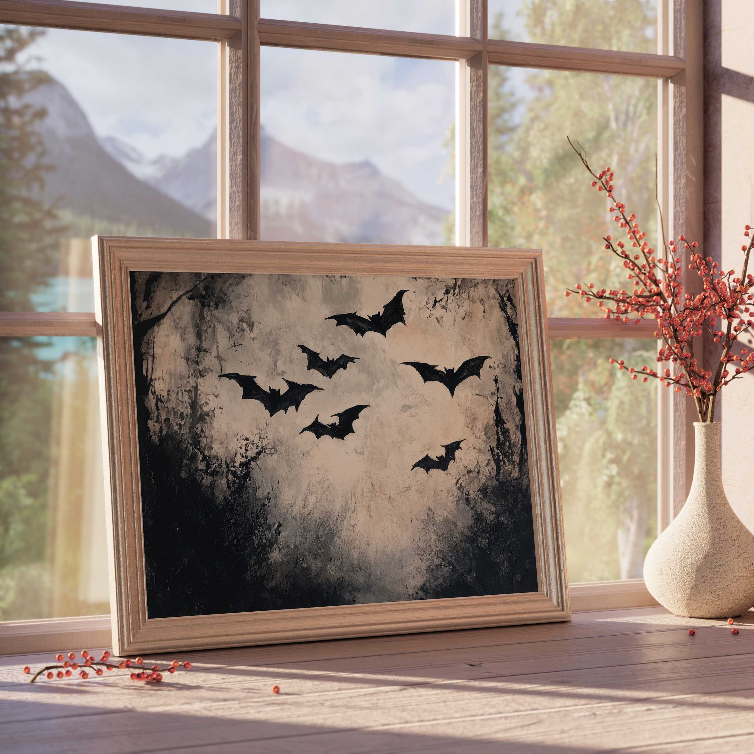 Halloween downloadable art capturing elegant dark silhouettes of bats in a moody, textured setting, enhancing curated minimalist interiors