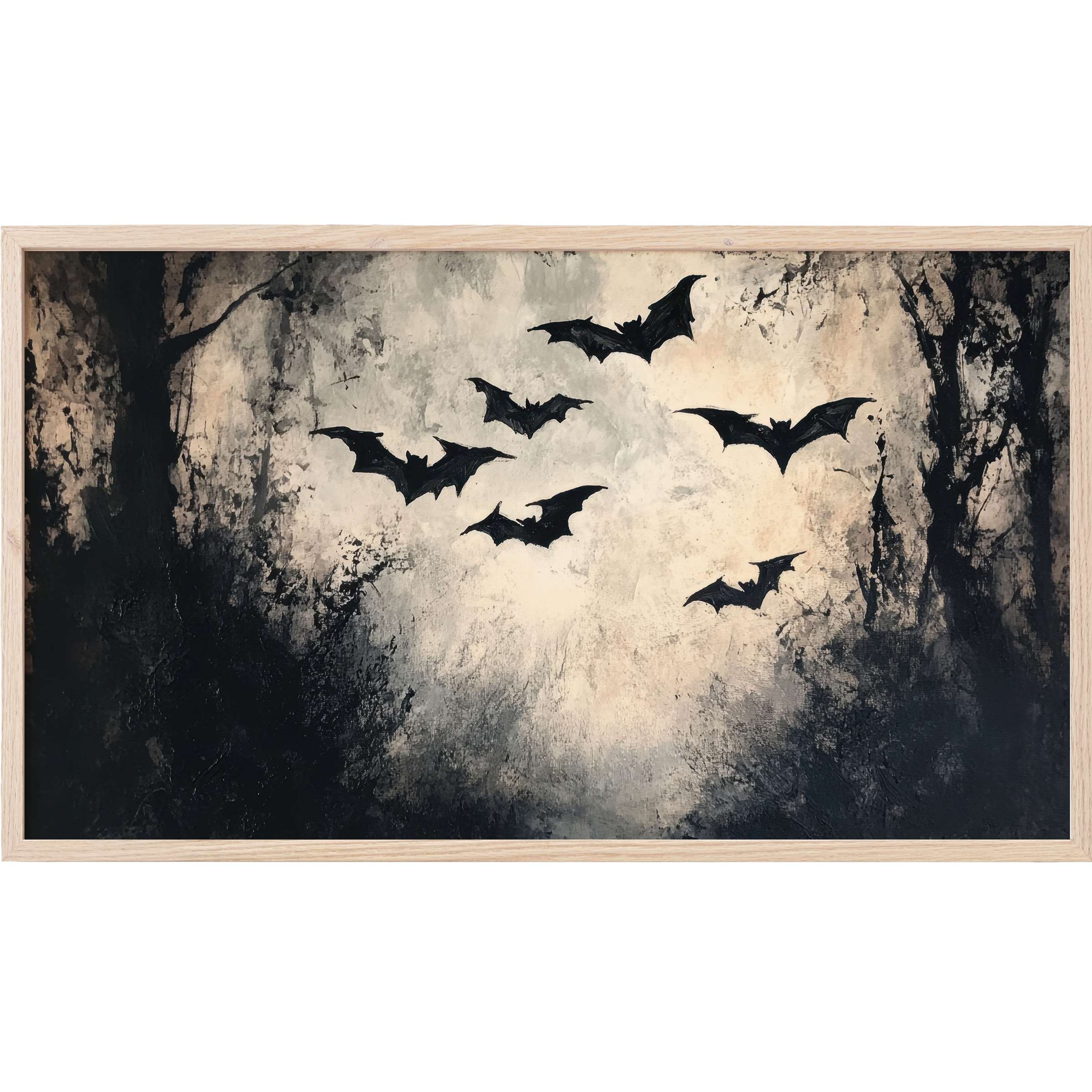 halloween Frame TV Art featuring flying bats in a misty forest, rendered in moody blacks and grays with textured brushstrokes