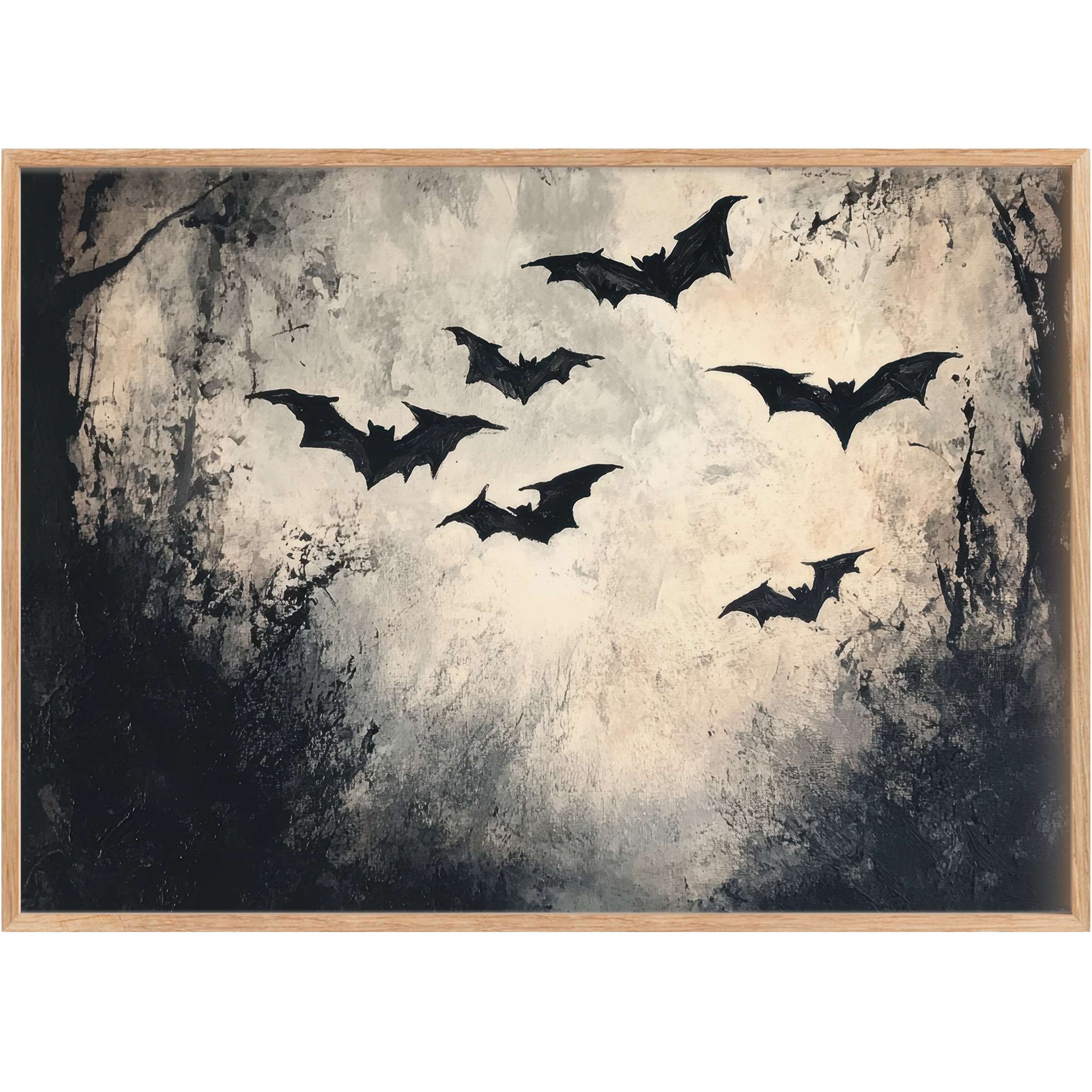 Moody halloween printable wall art with shadowy black bats against a smoky gray backdrop, evoking a mysterious, atmospheric charm
