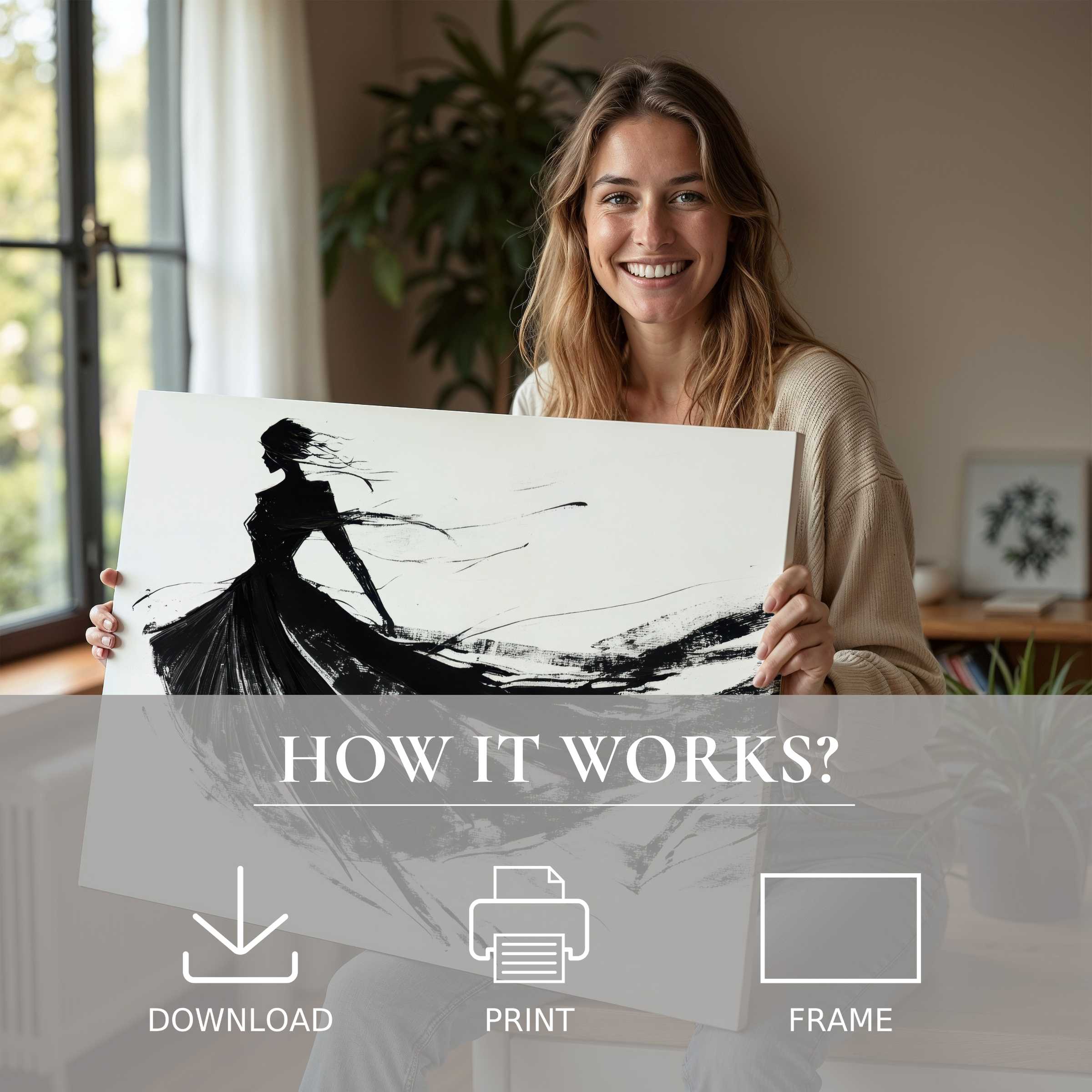 Elegant black and white digital art print radiates timeless grace, inspiring joyful connection and serene modern living