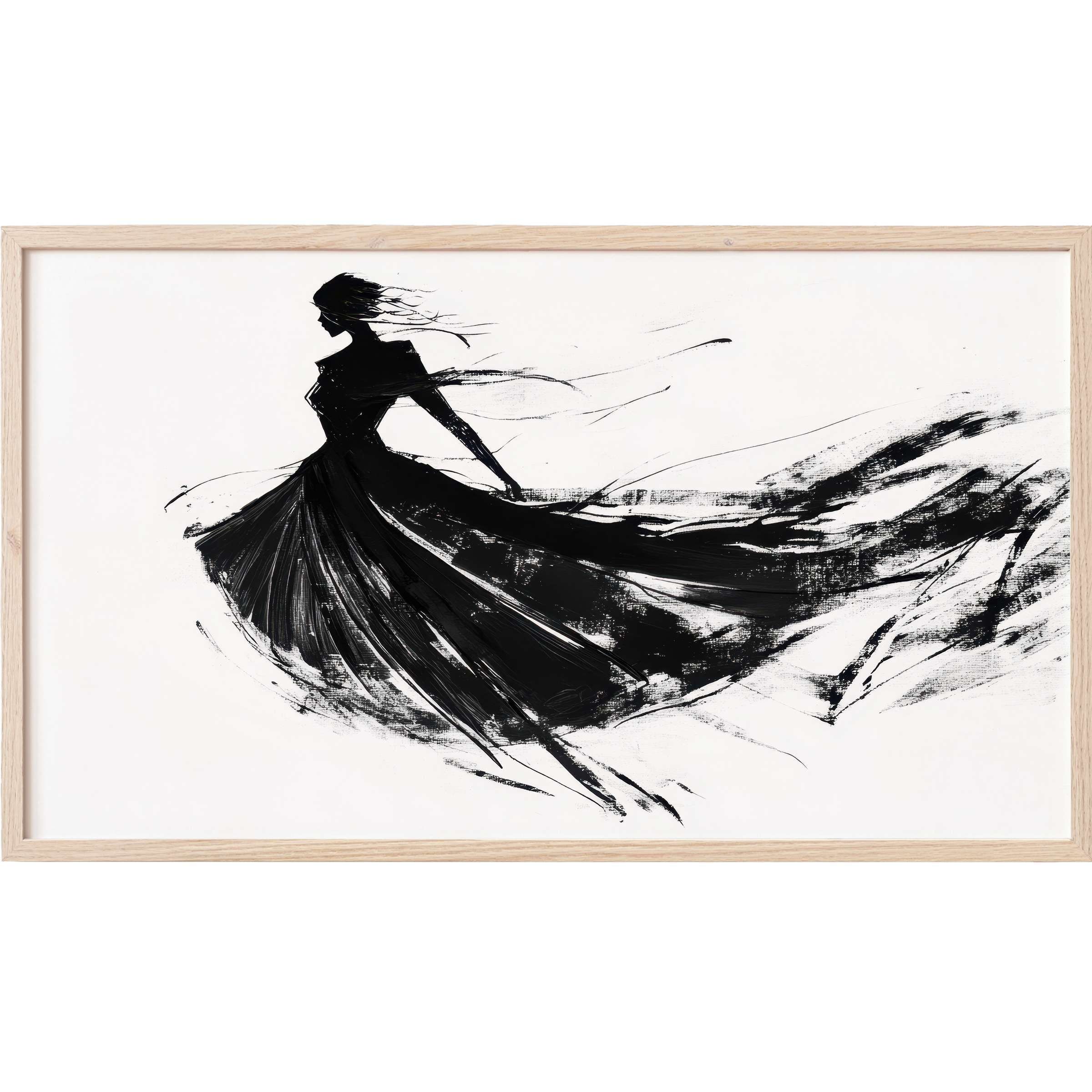 Elegant black and white Frame TV Art of a flowing dress silhouette in dynamic brush strokes, modern and chic