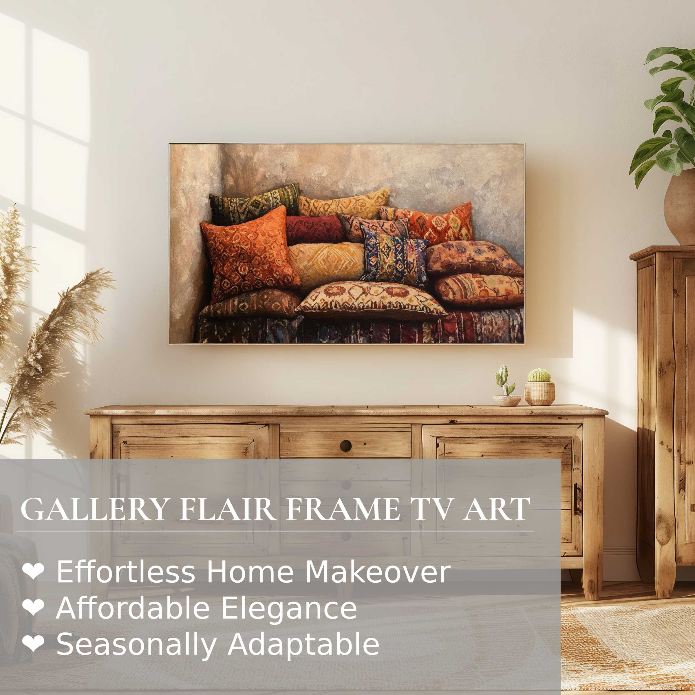 Modern living room with warm wood tones, Samsung Frame TV showcasing boho digital artwork of vibrant patterned cushions