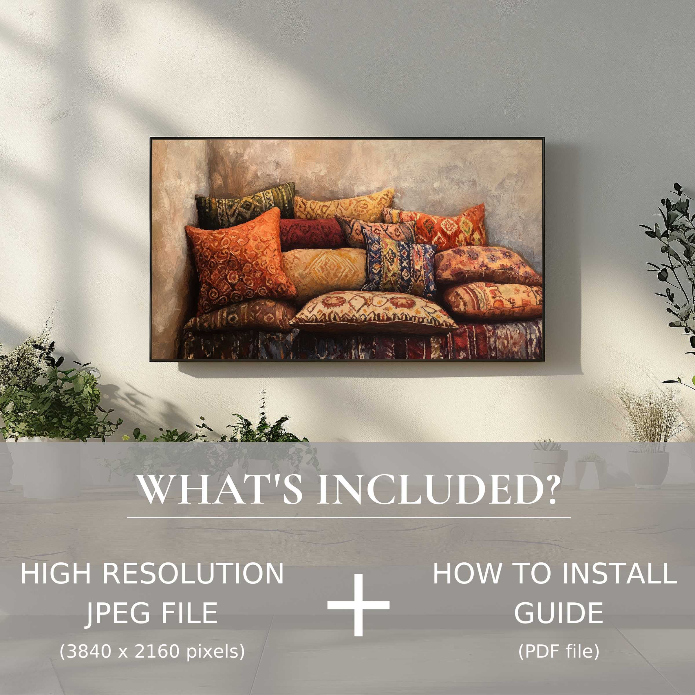 Elegant boho digital TV art download with effortless digital use, enhancing your modern living space with warm tones