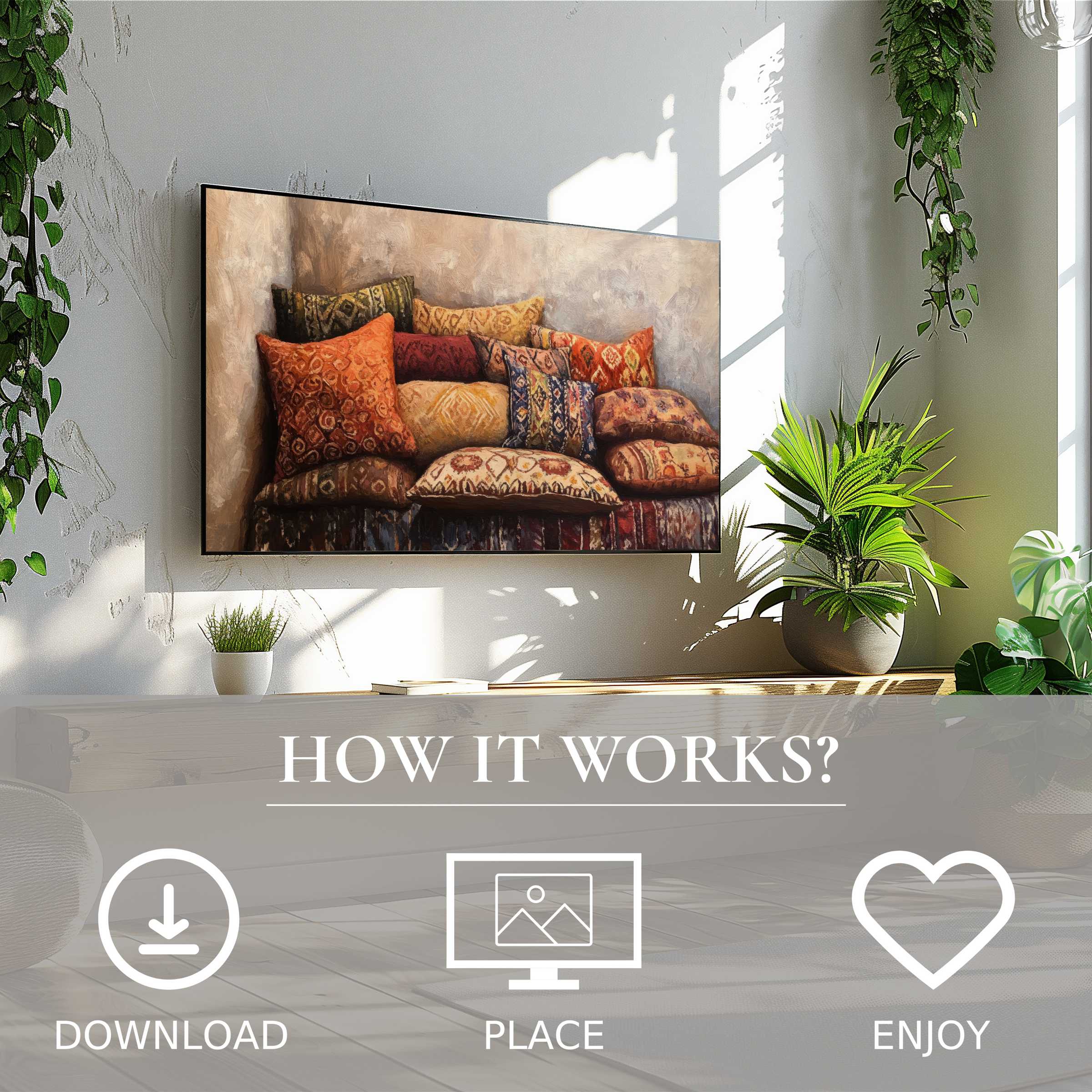 Boho art for Samsung TV shows warm, textured pillows in earthy tones; easy digital download enriches modern living spaces
