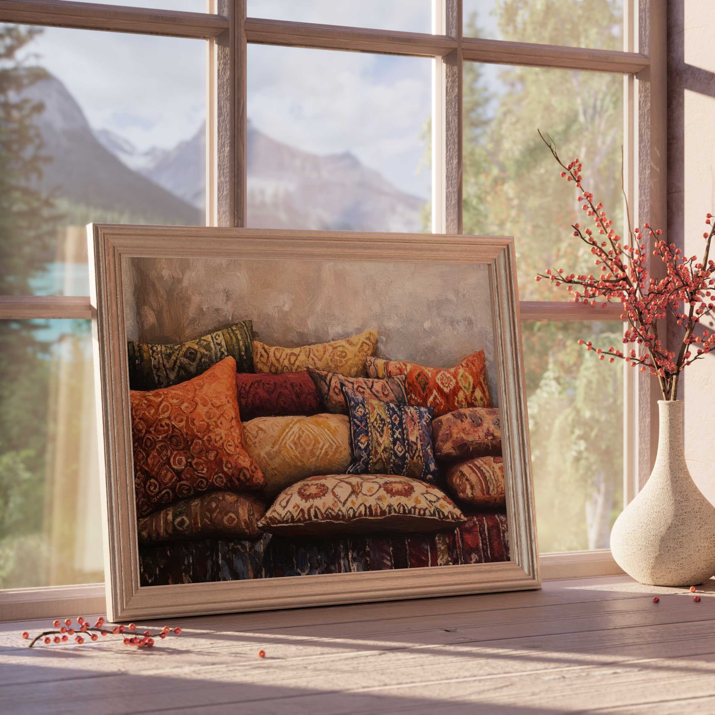 Boho downloadable art featuring warm earth-toned cushions, enriching tranquil, design-forward interiors with rustic, curated charm