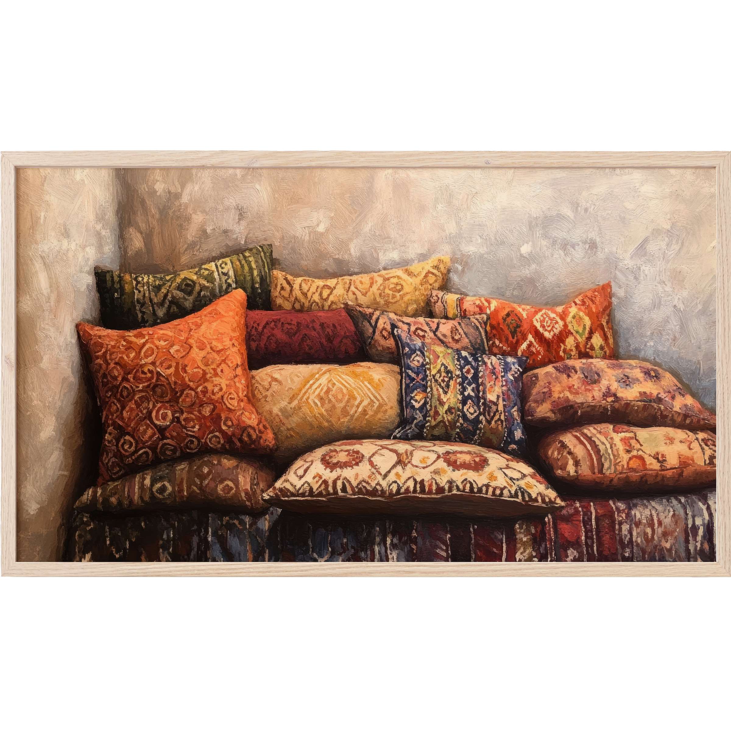 Boho Frame TV Art showing textured cushions in warm earthy tones with intricate patterns in a cozy, rustic style