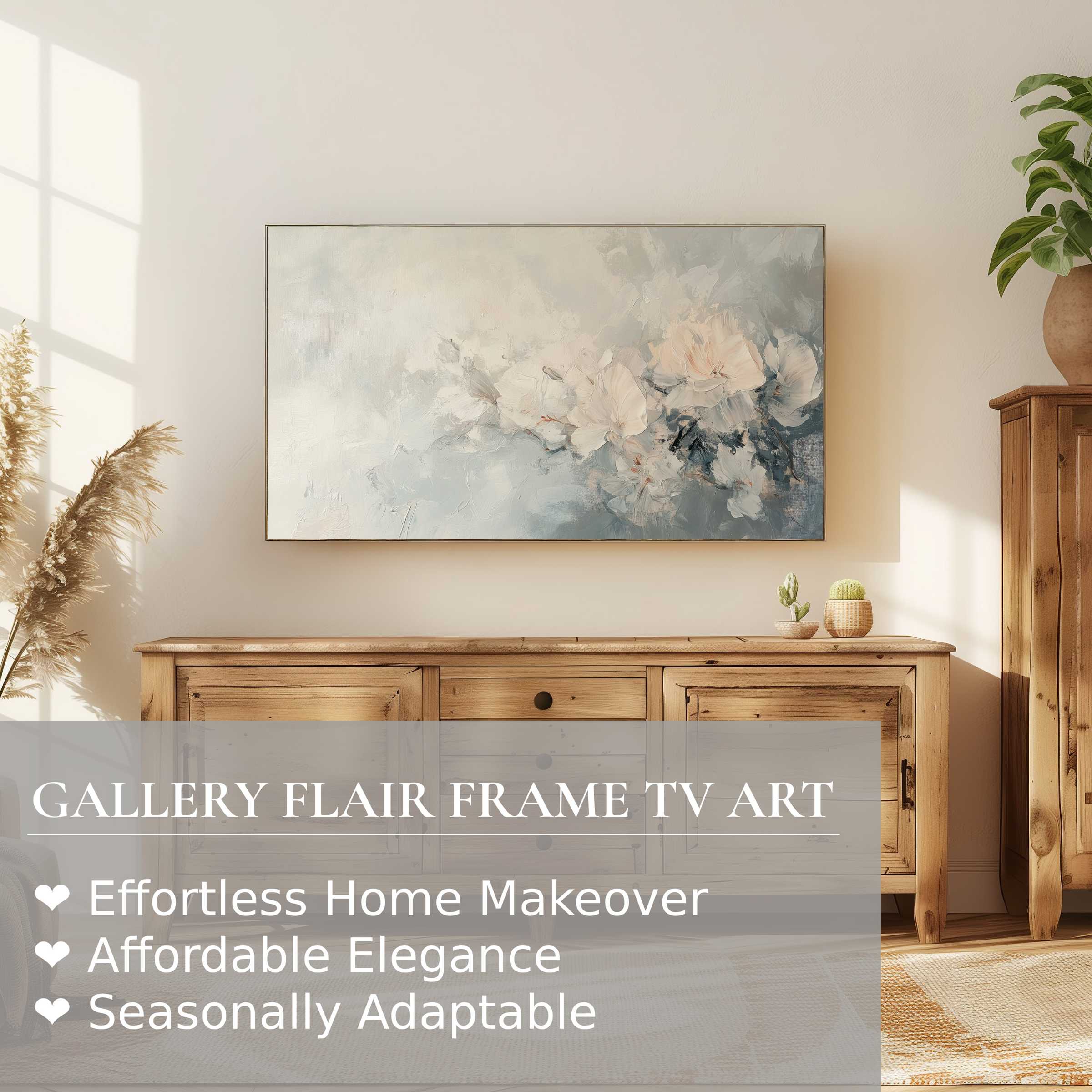 Samsung Frame TV in a serene living room with soft botanical digital artwork, blending modern elegance and natural warmth