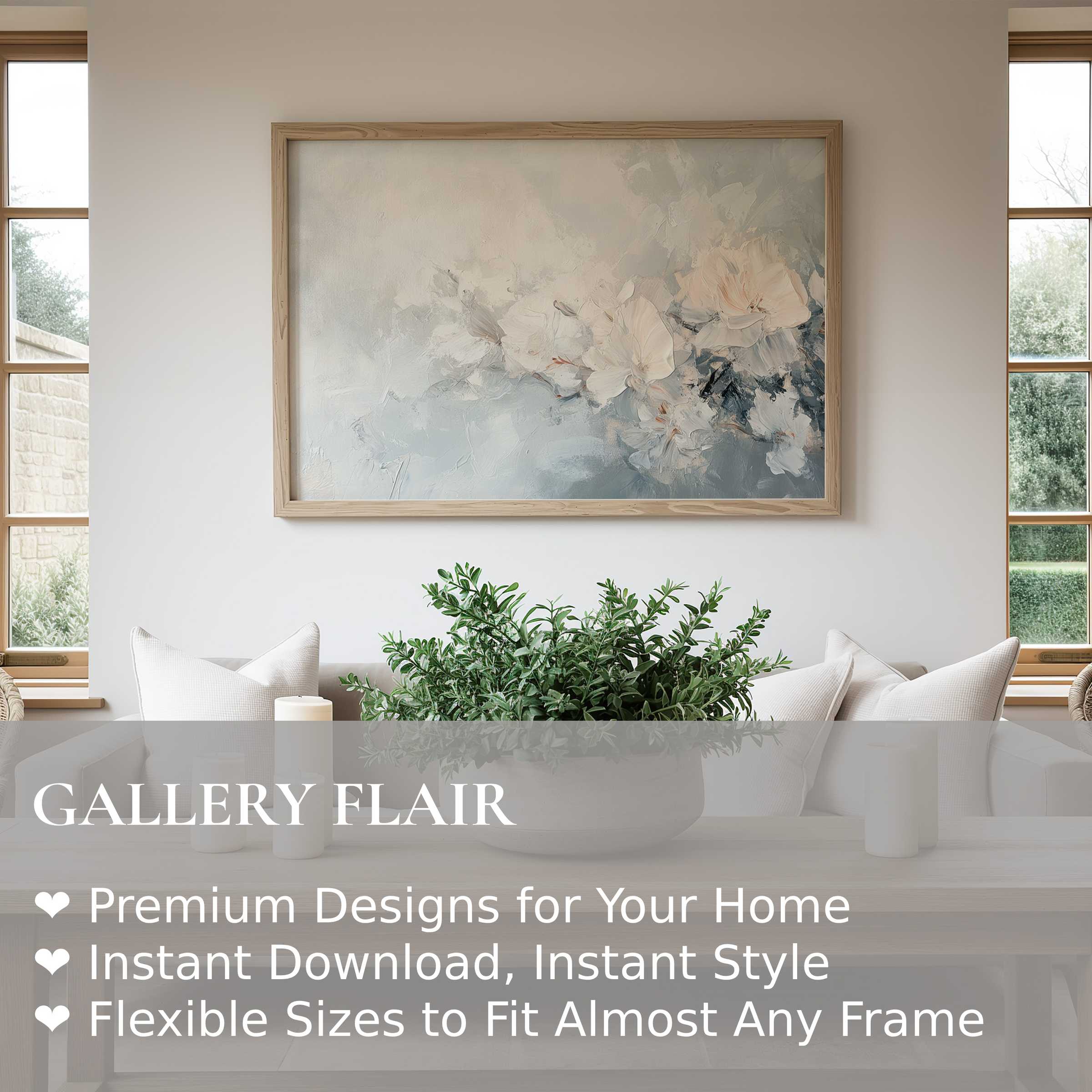 Botanical wall art print with soft white blossoms in calming pastel hues enhances this modern minimalist living room’s serene ambiance